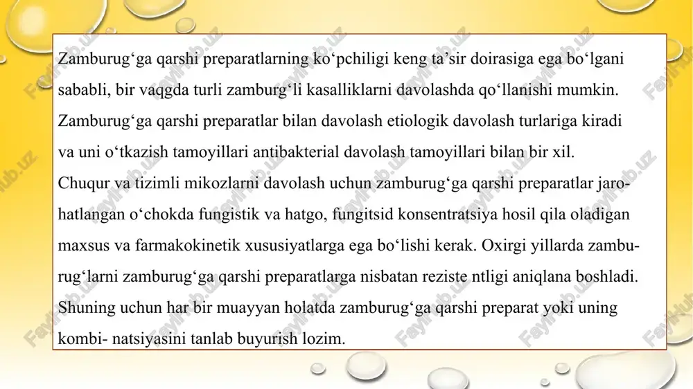 rilish davri 30—45 s. intrakonazol aspiregellez, turli joyda joylashgan kandidoz, dermatomikoz, onixomikoz kabi kasalliklarda qo‘llanadi. intrakonazol qo‘llanganda dispeptik buzilishlar rivojlanishi, transaminaza faolligini ortishi, katga dozalarda qo‘shtanganda esa — suv-elektrolitli buzilishlar va arterial gipertenziya kuzatilishi mumkin. itrakonazol ham jigar mos ingibitori hisoblanadi, jigarli metabolizmni sekinlashtiradi va bilvosita antikoagulyantlar, og‘iz orqali qabul qilinadigan diabetga qarshi preparatlarning ta’sirini kuchaytiradi, siklosporinning toksikligini oshiradi. statinlar bilan birga qo‘llash maqsadga muvofiq emas, chunki rabdomioliz rivojlanishi mumkin. intrakonazolning qondagi miqtsorini n2-gistaminli retseptor blokatorlari, proton pompasi ingibitorlari, antatsidyaar, rifampitsin, fenobarbital, difenin va boshqa mos induktorlari kamaytirad image3.png image4.png image5.png image6.png image7.png image8.png image9.png image10.png image11.png image12.png image13.png image14.png image15.png image16.png image17.png image1.png /docprops/thumbnail.jpeg