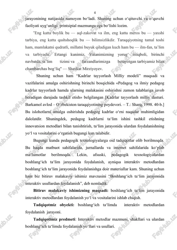 il etish; 4) boshlang‘ich ta‘limda interaktiv metodlardan foydalanish tizimini ishlab chiqish va uning samaradorligini aniqlash. tadqiqotning ilmiy farazi: boshlang‘ich ta‘limda interaktiv metodlardan o‘rinli foydalanilsa, shu orqali o‘qish motivlarini har tomonlama rivojlantirilsa; interaktiv metodlarga doir bilim, ko‘nikma va malakalar chuqur egallanilsa va ular ta‘lim amaliyotida muvaffaqiyatli qo‘llanilsa boshlang‘ich ta‘lim jarayonida yuqori samaradorlikka erishiladi. tadqiqot metodlari: pedagogik tahlil, kuzatish, anketa, savol-javob, suhbat, pedagogik eksperiment, umumlashtirish. tadqiqotning ilmiy yangiligi: - boshlang‘ich ta‘limda interaktiv metodlardan foydalanishning samaradorligi nazariy asoslandi va uning omillari ko‘rsatildi; - boshlang‘ich ta‘limda interaktiv metodlardan foydalanishning o‘ziga xos xususiyatlari va ularning o‘quvchilarning o‘qish motivlarini rivojlantirishdagi ahamiyati belgilab berildi; - boshlang‘ich ta‘limda interaktiv metodlardan foydalanish tizimi ishlab chiqildi; tadqiqotning nazariy va amaliy ahamiyati: boshlang‘ich ta‘lim pedagogikasi kursi boshlang‘ich ta‘limda interaktiv metodlardan foydalanishga yo‘naltirilgan nazariy qarashlar va yondashuvlar bilan boyitildi. shuningdek, boshlang‘ich ta‘limda interaktiv metodlardan foydalanish orqali o‘qish motivlari, ularni rivojlantirish yo‘llari belgilab berildi. tadqiqot natijasida boshlang‘ich ta‘limda interaktiv metodlardan foydalanishga oid ishlab …