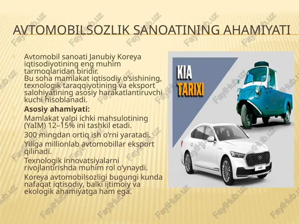alib turadi. asosiy modellari: 🚘 sedanlar: k5 (optima) – o‘rta sinf biznes avtomobili. k3 (cerato) – ixcham va tejamkor model. k9 (quoris) – hashamatli premium sedan. 🚙 krossoverlar va suvlar: sportage – eng mashhur model, global sotuvlarda yetakchi. sorento – oilaviy va qulay krossover. seltos – yoshlar orasida mashhur, ixcham suv. ⚡ elektromobillar: ev6 – to‘liq elektr model, mukofotga sazovor bo‘lgan avtomobil. ev9 – katta oila uchun mo‘ljallangan elektr suv. 🚐 miniven: carnival – keng, qulay va oilaviy foydalanishga mos. kia har bir iste’molchining ehtiyojiga mos modelni taklif qiladi. kia ev6 — yangi avlod elektromobili kia ev6 — kompaniyaning birinchi to‘liq elektr platformasida (e-gmp) yaratilgan zamonaviy elektromobili hisoblanadi. u ekologik toza, qulay va yuqori texnologiyali transport vositasi sifatida tanilgan. asosiy texnik ko‘rsatkichlar: bir quvvatda yurish masofasi: 528 km gacha. tezlik: 0 dan 100 km/soatgacha atigi 3,5 soniyada. zaryadlash vaqti: 18 daqiqada 10% dan 80% gacha (tez zaryad). platforma: hyundai-kia e-gmp …