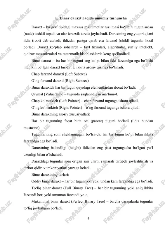 bajariladi. · o‘chirish amali: elementni o‘chirish bst qoidasini buzmasdan bajariladi. · moslashuvchanlik: bst turli sohalarda – indekslash, qidiruv mexanizmlari, sintaksis daraxtlari, qaror qabul qilish tizimlari va boshqalarda qo‘llaniladi. bst ning kamchiliklari: · agar daraxt balanslanmagan bo‘lsa (masalan, elementlar o‘suvchi yoki kamayuvchi tartibda ketma-ket kiritilsa), u chiziqli ro‘yxat shaklini oladi. bunday holatda qidiruv va qo‘shish jarayonlari o(n) bo‘lib qoladi. · shu sababli amaliyotda bstning balanslangan turlari – avl daraxtlari, qizil-qora daraxtlar (red-black trees), splay tree kabi strukturalar qo‘llaniladi. bst da bajariladigan asosiy amallar: · element qo‘shish (insertion) · daraxt bo‘sh bo‘lsa – yangi tugun ildiz bo‘ladi. · qo‘shilayotgan element ildizdan kichik bo‘lsa – chap qismga o‘tadi. · katta bo‘lsa – o‘ng qismga o‘tadi. · bu jarayon rekursiv yoki iterativ usulda bajariladi. · element qidirish (search) · ildizdan boshlanadi. · agar kerakli qiymat ildizga teng bo‘lsa – qidiruv tugaydi. · agar qiymat kichik bo‘lsa – chap qismda izlanadi. · agar qiymat katta …
