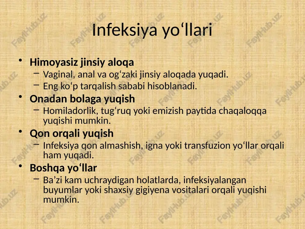 patogenga antigenlarni aniqlash (ift — immuno-ferment tahlillar va tif — to’g’ridan-to’g’ri immunoflyuorestsentsiya usullari yordamida); patogen dnksini aniqlash (pzr — polimeraza zanjiri reaktsiyasi usuli yordamida); qonda antitanalarni aniqlash (organizmning patogenga bo’lgan immunitetini). davolash va oldini olish jyykni davolash uchun infektsiya qo’zg’atuvchisiga qarab antibiotiklar, antivirus yoki antiparazitar vositalar qo’llaniladi. o’tkir qirrali kondilomalar radioto’lqin yoki boshqa usullar bilan yo’q qilinadi. genital gerpesni davolashda mahalliy terapiya qo’llaniladi. yagona va sog’lom jufti bo’lmagan jinsiy faol shaxslar himoyalangan jinsiy aloqa qoidalarini yodda tutishlari kerak (prezervativ), biroq u ham infektsiyaning oldini olish uchun 100% kafolat bermaydi. barcha jinsiy faol shaxslarga yiliga bir marta sifilis, oiv, gepatit b uchun tekshiruvlardan o’tib turish tavsiya etiladi, hatto kasallik alomatlari kuzatilmasa ham. xulosa jinsiy yo‘l bilan yuquvchi kasalliklar dunyo bo‘yicha keng tarqalgan va reproduktiv sog‘liq uchun jiddiy xavf tug‘diradi. ko‘plab kasalliklar dastlab alomatsiz kechadi, shuning uchun muntazam tibbiy tekshiruv muhim. erta tashxis va samarali davolash asoratlarning oldini oladi. profilaktika, jumladan himoyalangan …