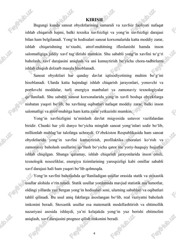 ishining maqsadi – sanoat obyektlarida yong‘in xavfini baholash jarayonida statik va stoxastik usullarni o‘rganish, ularning afzalliklari va cheklovlarini tahlil qilish hamda amaliy hisob-kitoblar asosida ularning samaradorligini ko‘rsatishdan iborat. kurs ishi quyidagi vazifalarni o‘z ichiga oladi: sanoat obyektlarida yong‘in xavfsizligining nazariy asoslarini ko‘rib chiqish; yong‘in xavfini baholashda statik va stoxastik usullar mohiyatini ochib berish; har ikkala usulning amaliy qo‘llanilishi va samaradorligini taqqoslash; hisob-kitoblar orqali natijalarni tahlil qilish va xulosalar chiqarish. shu tariqa, kurs ishining mazmuni nazariy va amaliy jihatlarni birlashtirgan holda sanoat obyektlari uchun yong‘in xavfsizligini ta’minlashga qaratilgan. 6 i. asosiy qism 1.1. sanoat obyektlarida yong‘in xavfsizligi tushunchasi sanoat obyektlarida yong‘in xavfsizligi deganda ishlab chiqarish jarayonida inson hayoti va sog‘lig‘ini saqlash, ishlab chiqarishning uzluksiz faoliyatini ta’minlash hamda moddiy boyliklarni himoya qilish uchun ko‘riladigan tashkiliy, texnik va profilaktik chora-tadbirlar majmuasi tushuniladi. bunday obyektlarda ishlab chiqarish hajmi katta bo‘lgani uchun ularda yong‘in xavfi ham boshqa sohalarga qaraganda yuqori bo‘ladi. chunki sanoat korxonalarida yonuvchi …