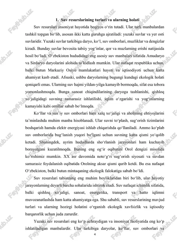 ekanini yaqqol isbotlab berdi. yer osti suv resurslari ham katta ahamiyatga ega bo‘lib, ular ko‘plab hududlarda ichimlik suvi sifatida yagona manba hisoblanadi. ayniqsa, cho‘l va yarim cho‘l hududlarda yer osti suvlarisiz hayotni tasavvur qilib bo‘lmaydi. bu suvlar ko‘pincha toza va chuchuk bo‘lib, odamlar salomatligi uchun foydali hisoblanadi. mineral suvlar esa tibbiyotda keng qo‘llaniladi. shu bilan birga, yer osti suvlarining holati ham xavotirli. ularni ortiqcha ishlatish natijasida suv sathi pasayib ketmoqda, ko‘plab hududlarda esa sanoat chiqindilari va qishloq xo‘jaligi o‘g‘itlari sababli ularning sifati yomonlashmoqda. bu esa ichimlik suv ta’minoti tizimini xavf ostida qoldiradi. suv resurslarining ekologik holatini ko‘rib chiqqanda, yana bir muhim jihatga e’tibor qaratish kerak. bu — iqlim o‘zgarishi. so‘nggi yillarda global isish tufayli qorlardan hosil bo‘ladigan suv miqdori kamayib bormoqda. muzliklarning tez erishi ham suv taqchilligi xavfini yanada kuchaytirmoqda. shu sababli, mavjud suv resurslarini muhofaza qilish bilan bir qatorda, ularni tejash, qayta ishlash va oqilona taqsimlash masalasi kun tartibiga …