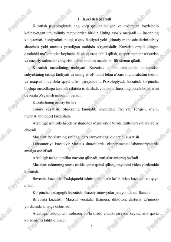 lar ustida o‘zgarishlar kiritish va natijani aniq qayd etish imkonini beradi. masalan, psixolog diqqatni o‘rganish uchun ishtirokchilarga turli shovqin darajasida vazifa berishi va shovqinning e’tibor samaradorligiga ta’sirini o‘lchashi mumkin. eksperimentning asosiy elementlari: mustaqil o‘zgaruvchi (independent variable) – tadqiqotchi tomonidan o‘zgartiriladigan omil (masalan: yorug‘lik darajasi, shovqin, vaqt bosimi). bog‘liq o‘zgaruvchi (dependent variable) – natijada o‘lchanadigan psixologik jarayon (masalan: diqqat davomiyligi, xotira hajmi, qaror qabul qilish tezligi). nazorat guruhi – tajribaviy sharoit ta’sirida bo‘lmagan ishtirokchilar guruhi, u taqqoslash uchun kerak. eksperimental guruh – mustaqil o‘zgaruvchi ta’sirida bo‘ladigan guruh. randomizatsiya – ishtirokchilarni tasodifiy tanlash va guruhlarga ajratish. eksperiment turlari: laboratoriya eksperimenti: maxsus jihozlangan sharoitda o‘tkaziladi. afzalligi: nazorat kuchli, natijalar aniq va takrorlanuvchi bo‘ladi. kamchiligi: shaxs tabiiy vaziyatdagidek o‘zini erkin tutmasligi mumkin. maydon (tabiiy) eksperimenti: odamlar odatiy muhitida o‘tkaziladi (masalan, maktabda, ishxonada). afzalligi: natijalar tabiiylikka yaqin bo‘ladi. kamchiligi: tashqi omillarni nazorat qilish qiyin. keng qamrovli eksperimentlar (longitudinal, kross-seksional): longitudinal – bir xil odamlar bilan …