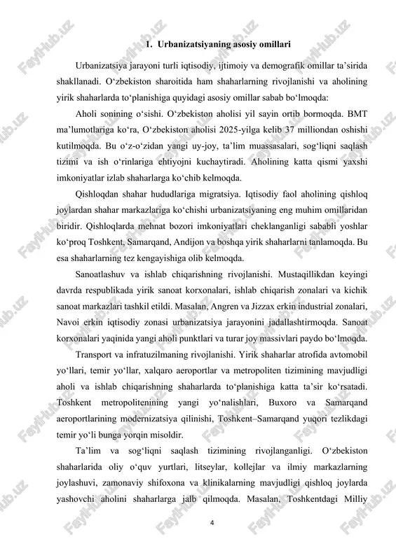t toshkent shahrining ortiqcha yuklamasini kamaytiradi, balki ekologik jihatdan sog‘lom muhit yaratishga ham xizmat qiladi. hududiy shaharsozlik dasturlari. viloyat markazlari va yirik tumanlarda ham yangi uy-joy massivlari, maktab, bog‘cha, shifoxona va rekreatsiya zonalari qurilmoqda. masalan, samarqand, andijon, farg‘ona, buxoro shaharlarida keng ko‘lamli qurilish ishlari olib borilmoqda. bu jarayon nafaqat urbanizatsiyani rivojlantiradi, balki aholining turmush sifatini ham oshiradi. 6 transport va infratuzilma loyihalari. davlat siyosatida transport tizimiga ham katta e’tibor berilmoqda. toshkent metropolitenining yangi yo‘nalishlari, yuqori tezlikdagi “afrosiyob” poyezdi, xalqaro aeroportlarning modernizatsiya qilinishi, avtomobil yo‘llarining rekonstruksiya qilinishi urbanizatsiya jarayonini qo‘llab- quvvatlamoqda. ekologik xavfsizlikni ta’minlash. shaharsozlik siyosatining eng muhim jihatlaridan biri ekologik muvozanatni saqlashdir. davlat dasturlari asosida shahar hududlarida yangi bog‘lar, xiyobonlar va yashil maydonlar barpo etilmoqda. “yashil makon” umumxalq loyihasi buning yaqqol misolidir. bu tashabbus urbanizatsiya jarayonida ekologik barqarorlikni ta’minlashga xizmat qilmoqda. davlat siyosati va shaharsozlik dasturlari urbanizatsiya jarayonini nazorat ostida olib borishga, shaharlarning zamonaviy va ekologik talablarga mos rivojlanishini ta’minlashga …