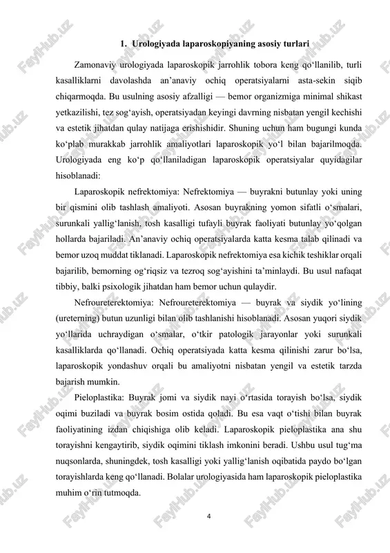 yordamida maydalash) orqali chiqarib yuboriladi. lekin katta hajmli, murakkab joylashgan yoki boshqa usullar yordamida maydalab bo‘lmaydigan toshlarda laparoskopik litotomiya eng samarali davolash usullaridan biri hisoblanadi. jarayonning mohiyati: laparoskopik litotomiyada jarroh qorin devorida 3–4 ta kichik teshik ochadi. ushbu teshiklar orqali maxsus optik kamera va jarrohlik asboblari kiritiladi. kamera yordamida buyrakning anatomik tuzilishi aniq ko‘riladi va tosh joylashgan qismga yetib boriladi. keyin tosh ehtiyotkorlik bilan olib tashlanadi. kerak bo‘lganda buyrak jomi tikiladi yoki drenaj qo‘yiladi. 6 afzalliklari minimal invazivlik – katta kesma qilinmaydi, faqat kichik teshiklar orqali operatsiya bajariladi. tez tiklanish – bemor 2–3 kun ichida yengil harakatlana boshlaydi va qisqa muddatda normal hayot tarziga qaytadi. asoratlarning kamligi – qon yo‘qotish, yallig‘lanish yoki boshqa jarrohlikdan keyingi muammolar ochiq operatsiyaga qaraganda ancha kam bo‘ladi. aniqlik – kamera yordamida toshning joylashuvi aniq ko‘rinadi, bu esa uni to‘liq olib tashlash imkonini beradi. estetik natija – katta chandiqlar qolmaydi, bu esa bemor uchun qulaylik yaratadi. …