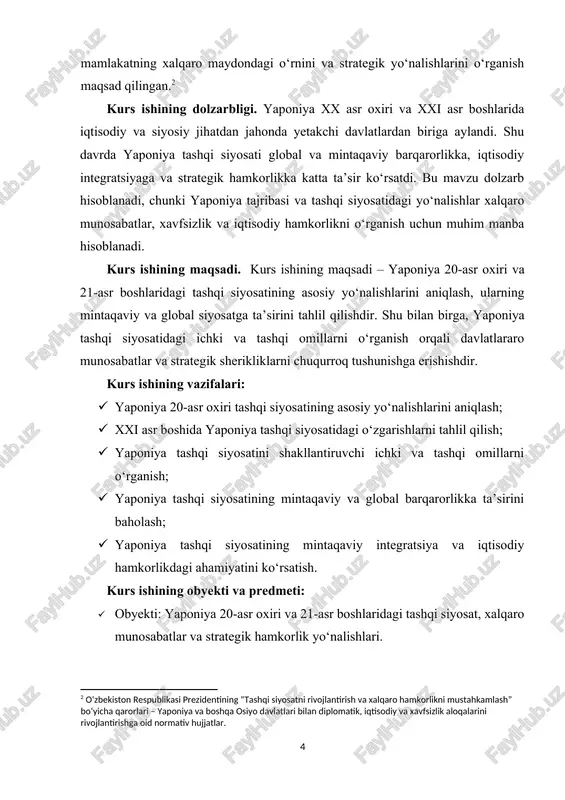 itoy, yaponiya–koreya munosabatlari, shuningdek, mamlakatning global iqtisodiy va strategik sherikliklari alohida tahlil qilingan. shuningdek, xxi asr boshlarida yaponiya tashqi siyosatidagi o‘zgarishlar, harbiy va xavfsizlik strategiyalari, regional integratsiya va tinchlik tashabbuslari bo‘yicha ilmiy maqolalar va monografiyalar mavjud. shu tariqa, mavzu keng ilmiy manbalar bilan qamrab olingan bo‘lsa-da, yaponiya tashqi siyosatining ichki va tashqi omillari hamda mintaqaviy va global siyosatga ta’siri tizimli va kompleks tarzda tahlil qilinishi lozim. shu sababli, ushbu kurs ishida mavzuning ilmiy va amaliy jihatlari chuqurroq o‘rganiladi. kurs ishining tuzilmasi: kirish, 2 ta bob, 4 ta qism, xulosa va foydalanilgan adabiyotlar ro'yxatidan iboratdir. i bob. 20-asr oxiri yaponiya tashqi siyosati 1.1. iqtisodiy diplomatiya va global integratsiya xx asr oxirida yaponiya iqtisodiyoti jadal rivojlanib, dunyoning yetakchi iqtisodiy kuchlaridan biriga aylandi. shu davrda mamlakatning tashqi siyosatida iqtisodiy diplomatiya asosiy yo‘nalishlardan biriga aylandi. yaponiya o‘zining iqtisodiy kuchini global maydonda siyosiy va strategik ta’sirga aylantirishga harakat qildi. yaponiya eksportni rivojlantirish, yuqori texnologiyali mahsulotlarni …