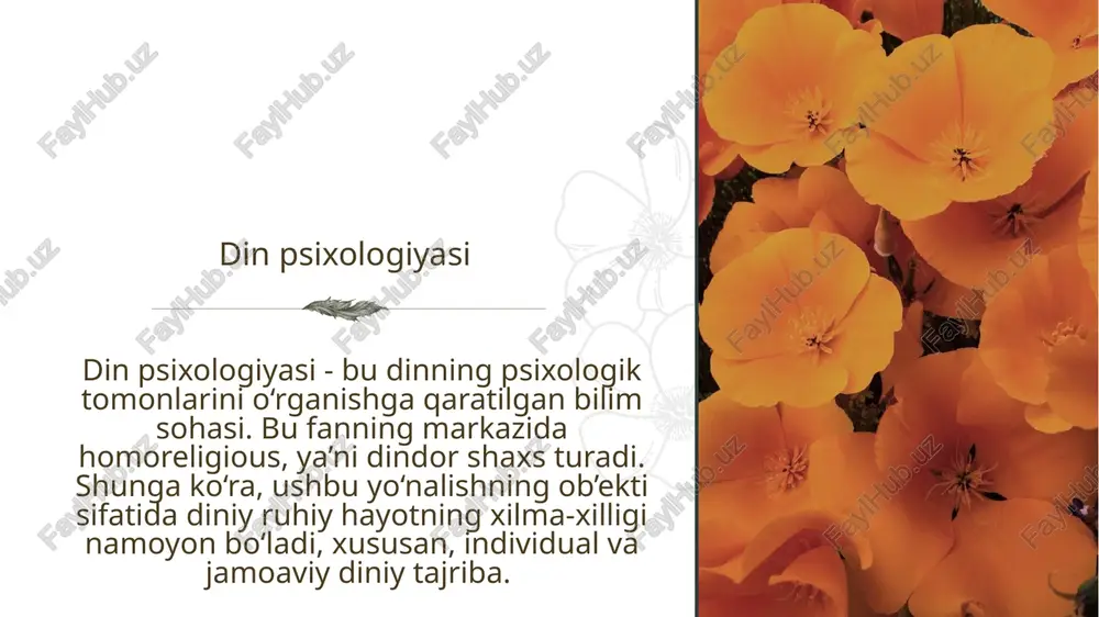 tadqiqot metodlari sifatida ham talqin qilinuvchi (empirik materialni psixoanalitik, xulq-atvor yoki boshqa yondashuvlarga asoslangan holda talqin qilish), ham psixologiya, sotsiologiya va boshqa fan sohalarida keng qo‘llaniladigan metodlardan foydalaniladi. metodlar orasidan quyidagilarni keltirish munkin: introspektsiya, kuzatish, eksperiment, statistik ma’lumotlarni qayta ishlash: test anketasi, test topshirig‘i, anketa; og‘zaki so‘rov: suhbat, intervyu, shuningdek shaxsiy hujjatlarni o‘rganish, klinik holatlarni o‘rganish va boshqalar. zagolovok prezentatsii 15 din psixologiyasining asosiy muammolari: din psixologiyasining asosiy muammolari: dinning psixologik determinizmi, diniy ongning o‘ziga xosligi, diniy tajriba, diniy shaxs tipologiyasi va boshqalar. xix asrdan boshlab diniy falsafa, protestant teologiyasi doirasida dinning psixologik muammolariga qiziqish ortgani ko‘zga tashlana boradi. din haqidagi dastlabki tizimli 15 tadqiqotlarga nemis faylasufi fridrix shleermaxer kuchli ta’sir ko‘rsatdi, u dinni ma’naviy hayotning mustaqil sohasi deb hisobladi. “dinni mensimaydigan bilimli kishilarga din haqida nutq” (1799) asarida u dinni o‘rgatishning iloji yo‘q – u faqat ichkarida – qalbda tug‘ilishi mumkin, uni tashqaridan yetkazish mumkin emasligini yozadi. dinda f.shleermaxer …