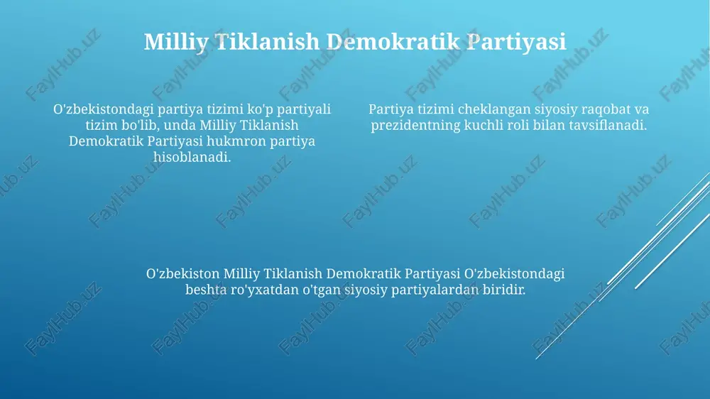ron partiya tizimi mavjud bo'lib, pdpu parlamentda ko'pchilik o'rinlarni egallaydi. partiya tizimini rivojlantirishga to'siqlar hisobdorlik va shaffoflik uchun zaif mexanizmlar. partiya ichidagi demokratiya va raqobatning yo'qligi. partiya ichidagi demokratiya va raqobatning yo'qligi. siyosiy partiyalarning boshqaruvdagi roli. o'zbekistondagi siyosiy partiyalar hukumat siyosatini shakllantirish va fuqarolarni vakillik qilishda muhim rol o'ynaydi. o'zbekistonda hozirda ko'p partiyali tizim mavjud bo'lib, bir necha partiyalar saylovlarda va hukumatda ishtirok etadi. o'zbekistondagi hukmron partiya mustaqillikdan beri hokimiyatda bo'lgan o'zbekiston liberal-demokratik partiyasi (ldpu)dir. siyosiy manzara bir nechta kichik partiyalar mavjud, lekin ular asosan hukumat tarafdorlari deb hisoblanadi va sezilarli ta'sirga ega emas. siyosiy muhit kuchli ijro hokimiyati va nisbatan zaif qonunchilik hokimiyati bilan ajralib turadi. o‘zbekistonda yagona partiya hukmronlik qiladi, o‘zlidep qonunchilik organida ko‘pchilik o‘rinlarni egallaydi. o'zbekiston liberal-demokratik partiyasi (odpu) o'zbekiston liberal-demokratik partiyasi (ldpu) o'zbekistondagi yirik siyosiy partiyalardan biri bo'lib, iqtisodiy liberallashtirish va ijtimoiy konservatizmni himoya qiladi. o'zbekistonda ko'p partiyali tizim mavjud, garchi ldpu va boshqa partiyalar hukmron …