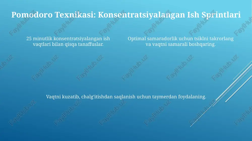 tressni kamaytirish va o'z maqsadlariga erishish imkonini beradi. vazifalarni ustuvorlik bilan tartibga solish, realistik maqsadlarni belgilash, chalg'ituvchilardan saqlanish va vazifa boshqarish uchun texnologiyalardan foydalanish samarali vaqtni boshqarish usullariga kiradi. e'tiboringiz uchun rahmat @taqdimot_robot