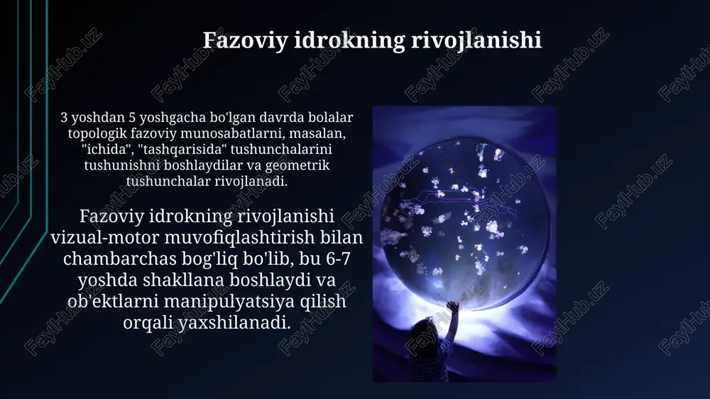 qotlar klinik holatlar shuni ko'rsatadiki, fazoviy orientatsiya buzilishlari ko'pincha miyaning parietal lobida 7-soha shikastlanishi bilan bog'liq bo'lib, bu vizual-fazoviy ko'nikmalarni buzadi. tadqiqotlar shuni aniqladiki, altsgeymer kasalligining dastlabki bosqichlarida fazoviy orientatsiya qobiliyatining pasayishi kuzatiladi, xususan, 3d muhitda yo'lni topish qiyinlashadi. xulosa va savollar xulosa qismida, 3-4 asosiy g'oyani jamlab, loyiha natijalarini ta'kidlash va kelajakdagi tadqiqotlar uchun 1-2 taklif berish muhim. savollar sessiyasi davomida, tinglovchilarning 5-6 ta savollariga aniq va qisqa javoblar berish, tushunmovchiliklarni bartaraf etish va munozarani rag'batlantirish zarur. e'tiboringiz uchun rahmat image2.jpg image3.jpg image4.jpg image5.jpg image6.jpg image7.jpg image8.jpg image9.jpg image10.jpg image11.jpg image12.jpg image13.jpg image14.jpg image15.jpg image16.jpg image17.jpg image18.jpg