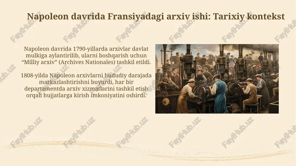 osati davlat hujjatlarini markazlashtirdi, 20-asr arxivlari uchun namuna bo'lgan 1790 yildagi qonunlar qabul qilindi. xulosa xulosa, napoleon davridagi arxiv ishlari, 1799-1815 yillarda arxiv siyosatining markazlashuvi va standartlashtirilishiga olib keldi. burjua inqilobi davri (1880-1890) arxivlariga oid xulosa, ularning mavqei ortishi va tarixiy tadqiqotlar uchun asos bo'lishini ta'kidlaydi. e'tiboringiz uchun rahmat image3.jpg image4.jpg image5.jpg image6.jpg image7.jpg image8.jpg image9.jpg image10.jpg image11.jpg image12.jpg image13.jpg image14.jpg image15.jpg image16.jpg image17.jpg image18.jpg image19.jpg