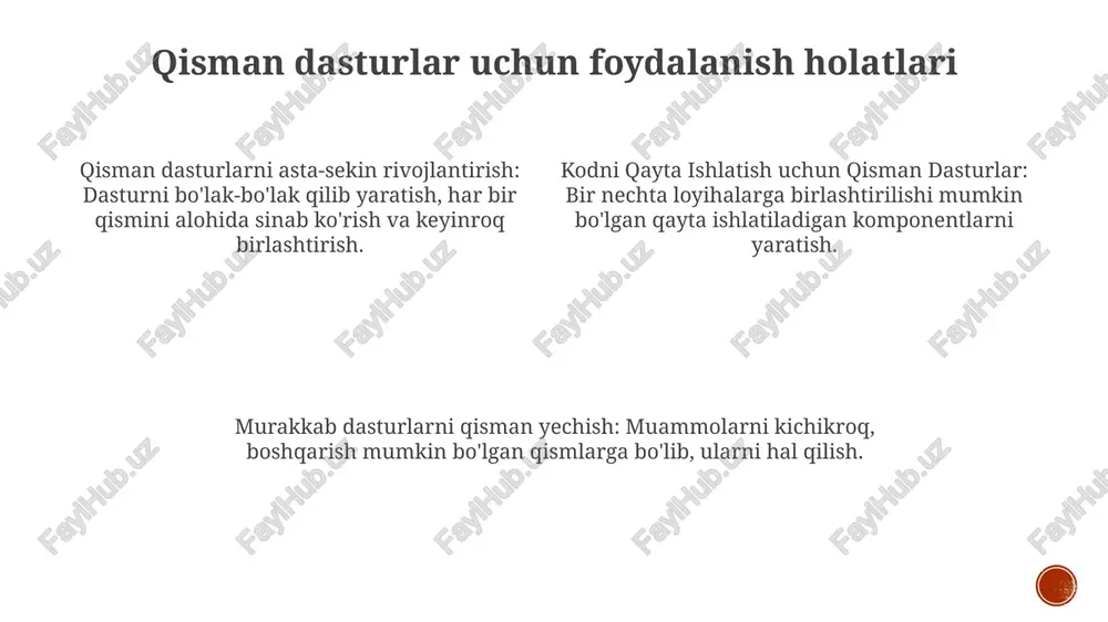 h va hal qilishni o'z ichiga oladi, bu dasturning mantiqiy va bog'liqliklarini chuqur tushunishni talab qiladi. murakkablikni qisqartirish usullari decompozitsiya: murakkab muammoni kichikroq, boshqarish mumkin bo'lgan kichik muammolarga bo'lib ajratish. modullik: dasturni xususiy vazifalarni bajarish uchun javobgar bo'lgan mustaqil modullarga bo'lish, tashkilot va saqlanishni yaxshilash uchun. abstraksiya: murakkab tizimlarni asosiy xususiyatlarga e'tibor qaratib va keraksiz tafsilotlarni yashirib soddalashtirish. murakkablikni boshqarish turli komponentlar orasidagi bog'liqliklarni va o'zaro ta'sirlarni boshqarish. katta dasturlarni boshqarish mumkin bo'lgan modullarga bo'lish. dasturning qismlari o'rtasida samarali aloqa va ma'lumot oqimini amalga oshirish. qisman dasturlar foydalari. kichiklashtirilgan murakkablik va texnik xarajatlar: katta dasturlarni kichik, boshqarish mumkin bo'lgan qismlarga bo'lish ishlab chiqish, sinov va texnik xizmat ko'rsatishni soddalashtiradi, natijada umumiy xarajatlarni kamaytiradi. ko'proq moslashuvchanlik va miqyoslanish: murakkab va qisman dasturlar modullikni ta'minlaydi, bu esa o'zgarib turadigan talablarga oson moslashish va boshqa tizimlarga integratsiyalashni osonlashtiradi. tez rivojlanish va joylashtirish: qisman dasturlar ma'lum xususiyatlarni tezroq ishlab chiqish va joylashtirishga imkon beradi, …