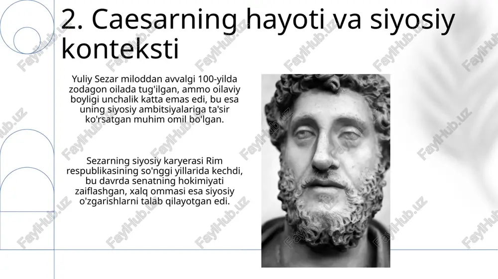 blika institutlariga putur yetkazganmi degan savolni bahs qilishadi, ba'zilar uning hokimiyatga intilishini tanqid qilishadi. caesarning galliya urushidagi harakatlari ko'plab insonlarning hayotiga zomin bo'lganligi sababli axloqiy nuqtai nazardan tanqid qilinadi, ularning soni millionga yetgan bo'lishi mumkin. 16.xulosa xulosa shuni ko'rsatadiki, yuliy sezar pragmatik yondashuvga ega bo'lib, vaziyatga qarab moslashuvchanlik va 100 foizlik amaliylikka urg'u bergan. uning siyosiy qarorlari ko'pincha davlat manfaatlariga qaratilgan bo'lib, strategik fikrlash 200 foizlik samara berganligini ko'rsatadi. 17.savol-javob 'savol-javob' so'zi o'zbek tilida 'savol va javob' degan ma'noni anglatadi, bu ikki tomonlama muloqotni ifodalaydi, unda 2 yoki undan ortiq ishtirokchi qatnashadi. 'savol-javob' usuli ta'limda muhim rol o'ynaydi, o'quvchilarning bilimlarini tekshirish, tushunish darajasini aniqlash va 3 asosiy ko'nikmani rivojlantirish uchun ishlatiladi. e'tiboringiz uchun rahmat image2.png image3.jpg image4.jpg image5.jpg image6.jpg image7.jpg image8.jpg image9.jpg image10.jpg image11.jpg image12.jpg image13.jpg image14.jpg image15.jpg image16.jpg image17.jpg image18.jpg image19.jpg