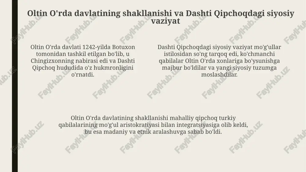 xonliklarning paydo bo'lishiga sabab bo'ldi. oltin o'rdaning parchalanib ketishi xv asrning o'rtalariga kelib yakunlandi va bu jarayon siyosiy hokimiyatning qayta taqsimlanishiga olib keldi. 1430-yillarga kelib oltin o'rda tarkibidan qozon, astraxon, sibir va qrim xonliklari ajralib chiqdi, bu esa markaziy hokimiyatning yo'qolganini ko'rsatadi. xv-xvi asrlarda dashti qipchoq va movarounnahr o'rtasidagi siyosiy munosabatlar dashti qipchoq va movarounnahr oʻrtasidagi savdo-iqtisodiy aloqalar siyosiy vaziyatga taʼsir koʻrsatdi, bu aloqalar urushlar davrida uzilib, tinchlik davrida esa tiklanib turdi. xvi asrda aloqalar susaydi. xv asrda dashti qipchoqdagi oʻzaro nizolar movarounnahr hukmdori ulugʻbekning siyosiy taʼsirini kuchaytirdi, ammo bu taʼsir qisqa muddatli bo'lib, davlatlar o'rtasida beqarorlikni saqlab qoldi. shayboniylar xv asr oxiri va xvi asr boshlarida dashti qipchoqdan movarounnahrga bostirib kirib, temuriylar sulolasiga barham berdi va mintaqada yangi siyosiy davrni boshladi. ikkala mintaqaning kelajagiga ta'sir etuvchi omillar oʻzaro urushlar va ichki nizolar davlat resurslarini kamaytirib, iqtisodiy oʻsishga toʻsqinlik qiladi, buning natijasida xalqaro savdo aloqalari buziladi va siyosiy beqarorlik kuchayadi. …