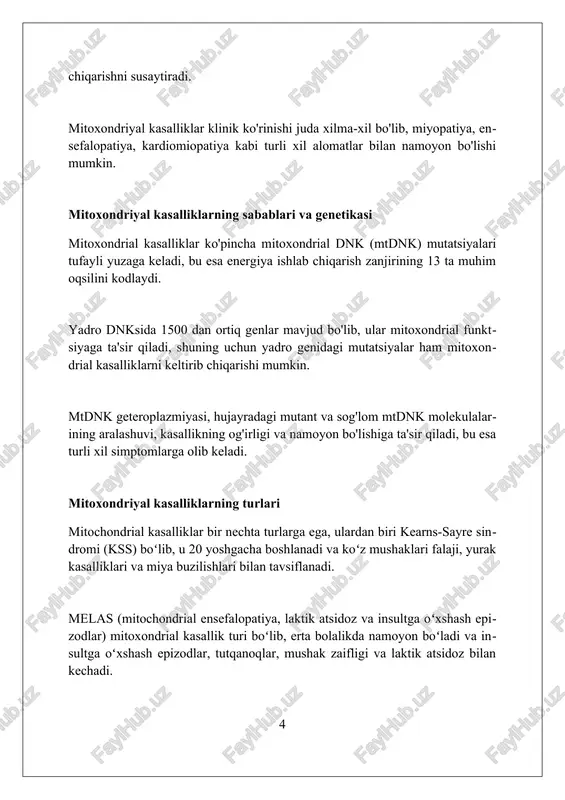 toxondriyal kasalliklarni davolash usullari koenzim q10 (ubikinon) va uning analoglari elektron transport zanjirining ishlashini yaxshilash uchun qo'llaniladi, dozasi 100-600 mg/kun bo'lishi mumkin, bu energiya ishlab chiqarishni oshiradi. l-karnitin yog' kislotalarini mitoxondriyaga tashishni osonlashtiradi, beta-oksidlanishni yaxshilaydi, ayniqsa yog ' almashinuvi buzilgan bemorlarda, dozasi odatda 50-100 mg/kg ni tashkil qiladi. diyetani o'zgartirish, masalan, ketogen dieta, glyukozani emas, balki yog'ni asosiy energiya manbai sifatida ishlatishga yordam beradi, bu esa mitoxondriyal yuklamani kamaytiradi. mitoxondriyal kasalliklarni boshqarish mitochondrial kasalliklarni boshqarishda koenzim q10 (ubiquinone) qo'llanilishi mumkin, bu mitoxondriyal elektron tashish zanjirida ishtirok etib, energiya ishlab chiqarishni yaxshilaydi, ayniqsa 100-600mg dozalarda. l-karnitin qo'shilishi yog' kislotalari mitoxondriyaga tashilishini osonlashtiradi, shu bilan energiya ishlab chiqarishni qo'llab-quvvatlaydi; odatda kuniga 50-100mg/kg dozada qabul qilinadi. diyetani o'zgartirish, masalan, yuqori yog'li, kam uglevodli ketogen dieta, mitoxondriyal faoliyatini yaxshilashi mumkin, ayniqsa ba'zi piruvat dehidrogenaza kompleks yetishmovchiligi bo'lgan bemorlar uchun. mitoxondriyal kasalliklarni profilaktika qilish homiladorlikni rejalashtirishda genetika bo‘yicha maslahatlashish va skrining o‘tkazish, ayniqsa oilada mitoxondrial …