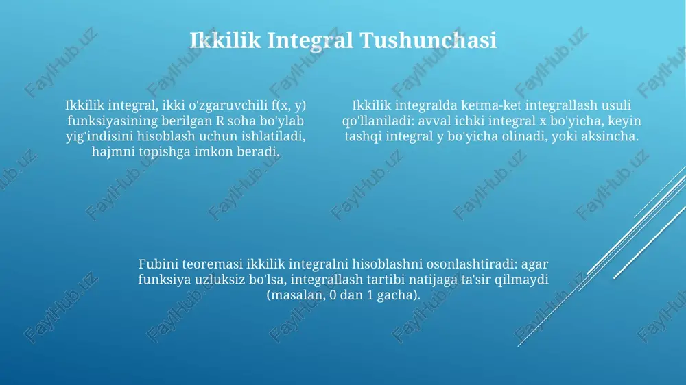 0 bo’lsa, u holda ikkilik integral ∫∫ f(x, y) da ham 0 dan katta yoki unga teng bo’ladi. bu xossa integralning musbatligini ifodalaydi, ya'ni hajm musbat. ilovalar: jismning massasini topish ikkilik integral jismning massa markazini (x̄, ȳ) aniqlashda ham qo'llaniladi: x̄ = (1/m)∫∫d xρ(x, y) da va ȳ = (1/m)∫∫d yρ(x, y) da. bu yerdagi m - jismning umumiy massasi. ikkilik integral yordamida jismning massasini topish uchun, zichlik funksiyasi ρ(x, y) va jismning d sohasi berilgan bo'lsa, m = ∫∫d ρ(x, y) da formuladan foydalanamiz. agar jismning zichligi o'zgaruvchan bo'lsa, massa elementini dm = ρ(x, y) da ko'rinishida ifodalash va so'ngra d soha bo'yicha ikki karrali integralni hisoblash orqali umumiy massani topish mumkin. ilovalar: inertsiya momentini topish ikkilik integral yordamida jismning inersiya momentini topish, uning massasi zichligi ρ(x, y) va oʻqdan boʻlgan masofasi r orqali i = ∫∫ r² ρ(x, y) da formula bilan hisoblanadi. inersiya momenti, i, aylanma harakatga …