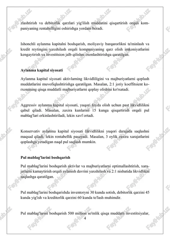 rsatkichi aylanma aktivlarning qanchalik tez sotilishini ko'rsatadi, yuqori ko'rsatkich odatda samaradorlikni anglatadi. joriy likvidlilik ko'rsatkichi (current ratio) kompaniyaning joriy majburiyatlarini qoplash qobiliyatini baholaydi, odatda 2:1 nisbat yaxshi hisoblanadi. tezkor likvidlilik ko'rsatkichi (quick ratio) inventarni hisobga olmagan holda, zudlik bilan majburiyatlarni qoplash imkoniyatini ko'rsatadi, optimal qiymat 1:1 atrofida bo'lishi kerak. aylanma kapital aylanish davri aylanma kapital aylanish davri (akad) inventory sotish, debitorlik qarzlari yig'ish va kreditorlik qarzlari to'lash uchun ketgan umumiy vaqtni aks ettiradi, odatda kunlarda o'lchanadi. akad qanchalik qisqa bo'lsa, kompaniya shunchalik samarali aylanma kapitalidan foydalanadi. yuqori akad muddati 120 kundan oshsa, samaradorlikni oshirish zarurligini ko'rsatadi. akadni hisoblashda inventory aylanish davri, debitorlik qarzlari yig'ish davri va kreditorlik qarzlari to'lash davri kabi muhim ko'rsatkichlar qo'llaniladi. bu 30, 45, va 15 kun bo'lishi mumkin. aylanma kapitalni moliyalashtirish manbalari aylanma kapitalni moliyalashtirishda bank kreditlari muhim o'rin tutadi; qisqa muddatli kreditlar 12 oygacha bo'lgan davrda, foiz stavkalari asosida beriladi. kreditorlik qarzlari ham aylanma kapital …