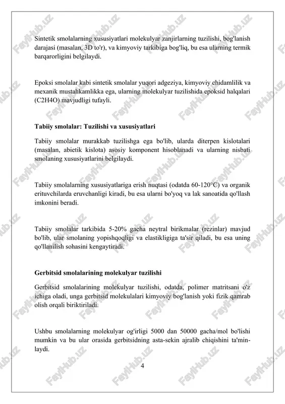 bog'liq 30-40%. tuproqdagi harakat davomida, gerbitsid smolalari yuzasida adsorbsiya hodisasi sodir bo'ladi, bu esa ularning biologik faolligini kamaytiradi, eruvchanligini 10-25%ga o'zgartiradi. gerbitsid smolalarining tuproqqa tushishi bilan fotodegradatsiya va mikrobial parchalanish kabi jarayonlar boshlanadi, bu esa ularning 5-15 kun ichida konsentratsiyasini kamaytiradi. gerbitsid smolalarining o'simliklarga ta'siri gerbitsid smolalari o'simliklarda fitotoksik ta'sir ko'rsatib, fotosintezni inhibe qiladi, natijada xloroz va nekroz kabi belgilar paydo bo'ladi, o'simlikning o'sishi 50-70% ga sekinlashadi. smolalar o'simliklarning hujayra membranalari lipid peroksidatsiyasini keltirib chiqarishi mumkin, bu esa hujayralarning buzilishiga va suvsizlanishga olib keladi, ayniqsa 2,4-d kabi gerbitsidlar bilan. ba'zi gerbitsid smolalari o'simlik gormonlari sinteziga ta'sir etib, masalan, auksinlar darajasini o'zgartirib, anormal o'sishni keltirib chiqaradi va hosildorlikni 30-45% ga kamaytiradi. gerbitsid smolalarining atrof-muhitga ta'siri gerbitsid smolalari degradatsiyasi tuproqda 10-100 kun davom etishi mumkin, bu davr mobaynida ular mikroorganizmlar faoliyatiga salbiy ta'sir ko'rsatib, biologik xilma-xillikni kamaytiradi. suv ekotizimlariga tushgan gerbitsid smolalari baliqlar va boshqa suv organizmlarida reproduktiv tizim buzilishlariga olib kelishi, …