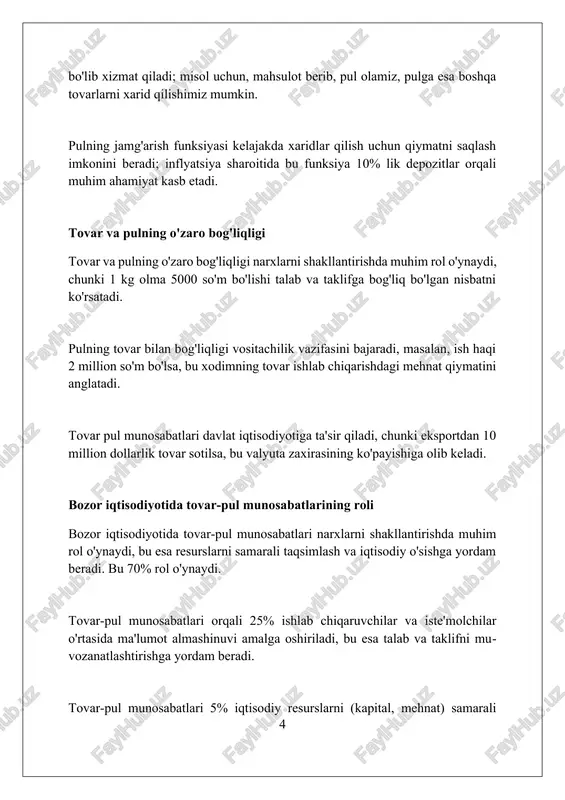 kredit va uning tovar-pul munosabatlaridagi o'rni kredit tovar-pul munosabatlarida xaridorni moliyalashtirishning muhim vositasi bo'lib, uning yordamida talabni 10-20 foizga oshirish va savdoni tezlashtirish mumkin. kredit tovar aylanishini jadallashtirib, ishlab chiqaruvchiga 30-60 kun ichida pul mablag'larini qaytarishga yordam beradi, bu esa yangi investitsiyalarni rag'batlantiradi. kredit foiz stavkalari tovar narxiga ta'sir ko'rsatib, 5-15 foizga narx oshishiga olib kelishi mumkin, bu esa inflyatsiyaga potentsial ta'sir ko'rsatadi. elektron pullar va raqamli iqtisodiyot elektron pullar transaktsiyalarni tezlashtiradi, xarajatlarni kamaytiradi va 24/7 rejimida operatsiyalarni amalga oshirish imkonini beradi, bu raqamli iqtisodiyotdagi samaradorlikni sezilarli darajada oshiradi. raqamli iqtisodiyotda elektron pullar yangi biznes modellari va innovatsion to'lov yechimlarini yaratadi, masalan, mikroto'lovlar va blokcheyn texnologiyalari asosidagi yangi moliyaviy xizmatlar. markaziy bank raqamli valyutalari (cbdc) kabi elektron pullar hukumatlarga pul-kredit siyosatini samaraliroq amalga oshirishga yordam beradi va moliyaviy inklyuzivlikni oshiradi. tovar-pul munosabatlarining zamonaviy tendensiyalari raqamli texnologiyalar tovar-pul munosabatlarida blokcheyn va kriptovalyutalarni keng qo'llashga olib keldi, bu esa tranzaktsiyalarning shaffofligini oshiradi …
