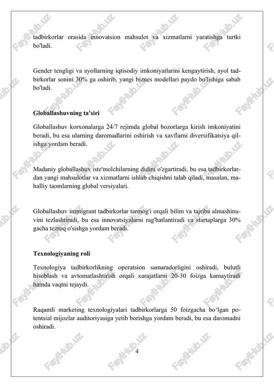 'sir qiladi. litsenziyalash va ruxsat berish tartib-qoidalari tadbirkorlikni rag'batlantirishi yoki cheklashi mumkin. innovatsiyalar va ijodkorlik innovatsiyalar – bu 1-darajali o'zgarishlar bo'lib, yangi mahsulotlar, xizmatlar yoki jarayonlarni yaratishga qaratilgan, bozorda 10% gacha ustunlikni ta'minlaydi. ijodkorlik esa, odatiy bo'lmagan yechimlarni topish qobiliyati, yangi g'oyalarni ishlab chiqish va ularni amaliyotga tatbiq etish, 25% gacha maqsadga erishish tezligini oshiradi. madaniy o'zgarishlar jamiyatning innovatsion qobiliyatiga 30% gacha ta'sir ko'rsatishi mumkin, yangi texnologiyalarga moslashish va ularni qabul qilish orqali. tadbirkorlik ekotizimiga ta'sir madaniy o'zgarishlar tadbirkorlik ekotizimida risklarni boshqarish strategiyalarini shakllantiradi, bu esa 20-asr oxiridan boshlab yangi biznes modellari paydo bo'lishiga turtki bo'ladi. jamiyatda iste'mol tendensiyalari o'zgarishi natijasida, 2023-yilda tadbirkorlar mahsulot va xizmatlarni moslashtirishga majbur bo'ladi, bu esa raqobatbardoshlikni oshiradi. milliy urf-odatlar va qadriyatlarning tadbirkorlikka ta'siri 2024-yilda xodimlarni motivatsiya qilishning yangi usullarini joriy etishga olib keladi, shu jumladan oilaviy tadbirkorlik. muvaffaqiyatli tadbirkorlik misollari 2000-yillarning boshlarida artel kompaniyasining paydo bo'lishi mahalliy talabni qondirish va import o'rnini bosish orqali …