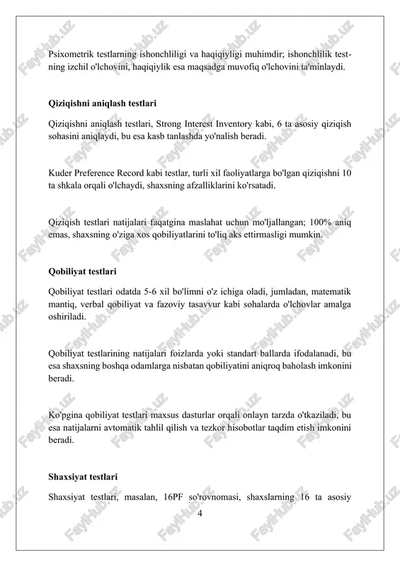 noto'g'ri natijalarga olib kelishi mumkin. testlar shaxsning qobiliyatini baholashda qiyinchilikka duch kelishi mumkin, natijada 30% hollarda potentsial jihatlar to'liq aniqlanmay qoladi. karyera yo'nalishi testlari 100% kafolat bermaydi, chunki bozor sharoitlari va shaxsiy qiziqishlar vaqt o'tishi bilan o'zgarishi mumkin. karyera yo'nalishini aniqlash testlaridan qanday foydalanish kerak? test natijalarini o'zingizning qiziqishlaringiz va qobiliyatlaringiz bilan solishtiring, so'ngra 3-5 ta mos keladigan kasbni aniqlang va ularni batafsil o'rganing. test natijalari 70-80% gacha to'g'ri bo'lishi mumkin, lekin shaxsiy xususiyatlaringizni ham hisobga oling. boshqa manbalardan ma'lumot to'plang. test natijalaridan so'ng, 2 yoki 3 ta mutaxassis bilan suhbatlashing. ularning tajribasidan foydalanib, 5 yillik karera rejasini tuzing. test natijalarini karyera rejalashtirishga integratsiya qilish test natijalarini tahlil qilib, 3-5 ta mos keladigan karyera yo'nalishini aniqlang, ularning har birida o'zingizning qiziqishlaringiz va qobiliyatlaringiz qanday aks etishini baholang. o'z shaxsiy xususiyatlaringizga mos keladigan karyera sohalarida talab yuqori bo'lgan 2-3 ta muhim ko'nikmalarni aniqlang va ularni rivojlantirish bo'yicha aniq rejalar tuzing. test …