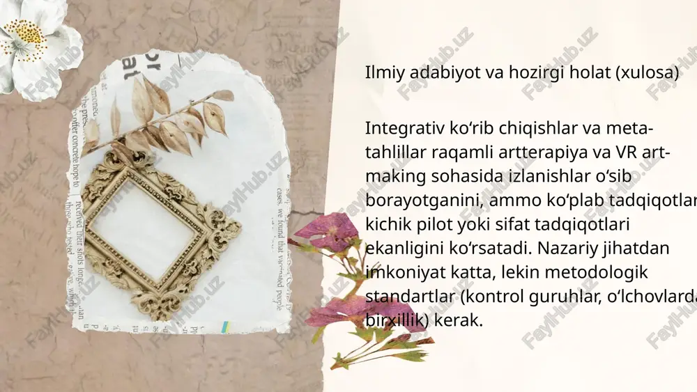 atsiya: mijozga rang palitrasi berilib, har bir rangni his-tuyg‘u bilan bog‘lab tasvir yaratish. qatlamlash tahlili: qatlamlar soni, o‘zgartirish chastotasi orqali mijozning o‘zgaruvchan hissiy holatini kuzatish. vr makon yaratish: xavfsiz virtual xonani yaratib, unda “o‘z kuchli tomonlari” yoki “qorong‘u joylari”ni tasvirlash. vr telemetriyasi baholash uchun qo‘shimcha ma’lumot beradi. ai(sun’iy intellekt) kollaboratsiyasi: mijoz boshlang‘ich eskiz yaratadi, so‘ng ai yordamida tahrirlanadi — bu jarayon mijoz bilan muhokama qilinadi (masala: ai qanday o‘zgartirdi, nima aks etgan). qo’qon davlat universiteti thank you image1.jpeg image2.png image3.png image4.png image5.png image6.png image7.png image8.png image9.png image10.png image11.png image12.svg image12.jpeg image13.png image14.png image15.png image21.svg image16.jpeg image17.png image23.png image24.png image25.png image26.png image27.png image28.png image64.svg image29.png image66.svg image30.png image31.svg image31.png image18.png image19.png image20.png image21.png image22.png image32.png image33.jpeg image34.png image35.jpeg image36.png image37.jpeg image38.png image39.jpeg image40.png image41.png image38.svg image42.jpeg image43.jpeg image44.png image45.png image46.png image47.jpeg image48.png image49.jpeg image50.jpeg /docprops/thumbnail.jpeg