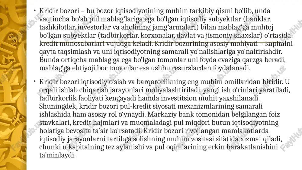 shadi. qarz oluvchilar esa yuridik va jismoniy shaxslar, davlat idoralari yoki korporatsiyalar bo‘lishi mumkin. ushbu ikki tomon o‘rtasidagi kredit munosabatlari turli moliyaviy vositalar va shartnomalar orqali tartibga solinadi. kridir bozori o‘z ichida bir nechta turlarga bo‘linadi. eng asosiy turlaridan biri — bank krediti bozori, bunda tijorat banklari o‘z mijozlariga turli maqsadlarda kredit beradi. davlat krediti bozorida esa davlat byudjeti yoki xalqaro moliya institutlari tomonidan kreditlar ajratiladi, bu odatda ijtimoiy loyihalarni yoki infratuzilmani rivojlantirishga yo‘naltiriladi. iste’mol krediti bozori jismoniy shaxslarga mo‘ljallangan bo‘lib, ularning tovarlar va xizmatlarni xarid qilish imkoniyatini kengaytiradi. korporativ kredit bozori esa yirik kompaniyalar o‘rtasidagi qarz va moliyaviy bitimlarni o‘z ichiga oladi. bundan tashqari, xalqaro kredit bozori ham mavjud bo‘lib, unda turli mamlakatlar o‘rtasida kapital almashinuvi amalga oshiriladi. oltin bozorining ahamiyati va narxiga ta’sir etuvchi omillar oltin bozori – bu oltinni sotib olish, sotish, saqlash va unga investitsiya kiritish bilan bog‘liq bo‘lgan iqtisodiy munosabatlar majmuasidir. oltin qadimdan insoniyat tarixida …