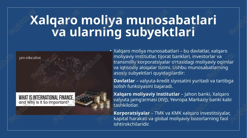 alanilgan adabiyotlar "xalqaro moliya munosabatlari" – j.x. ataniyozov va e.d. alimardonov tomonidan yozilgan ushbu darslikda xalqaro moliya munosabatlarining asosiy masalalari qisqa va tushunarli tilda bayon etilgan. "xalqaro iqtisodiy munosabatlar" – m. mirsaidovning ushbu o'quv qo'llanmasida xalqaro iqtisodiy munosabatlarning hozirgi zamondagi roli va mohiyati va ssuda bozorlari kabi masalalar keng yoritilgan. "jahon iqtisodiyoti va xalqaro iqtisodiy munosabatlar" – ushbu darslikda xalqaro valyuta munosabatlari, xalqaro valyuta-kredit va moliya bozorlari, jahon moliyaviy-iqtisodiy inqirozining vujudga kelish sabablari va inqirozdan chiqish dastaklari o'rganilgan "xalqaro moliya munosabatlari" – namangan davlat universiteti tomonidan taqdim etilgan ushbu darslikda xalqaro moliya munosabatlarining subyektlari, jumladan, davlat, korxona, tashkilotlar, firmalar va xalqaro moliyaviy institutlar ishtiroki haqida batafsil ma'lumot berilgan. image2.jpg image3.png image4.png image5.jpeg image6.png image7.png image8.jpeg image9.jpeg image10.png image11.png image12.png /docprops/thumbnail.jpeg