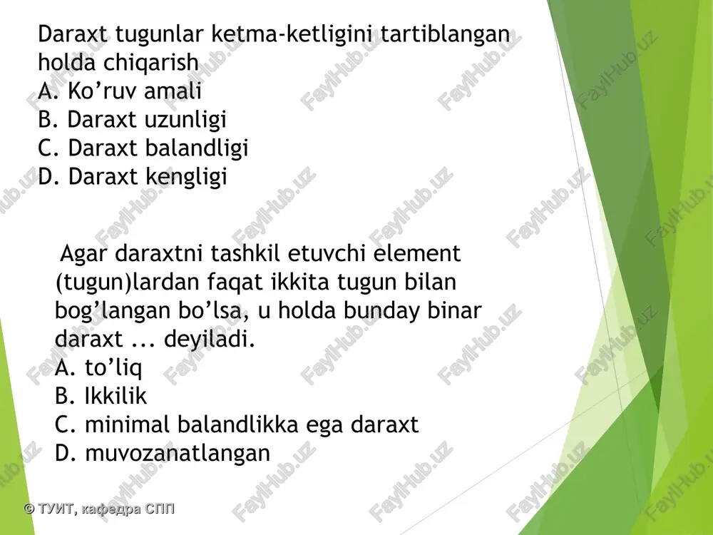 nat buzilsa, u xolda daraxt muvozanatlanadi tugunning muvozanatlanganlik koeffitsienti (balance factor) bu tugunning chap va o‘ng qism daraxtlari balandligi farqi avl daraxtda xar bir tugunning muvozanatlanganlik koeffitsienti (-1, 0, 1) to‘plamdan qiymat qabul qiladi tugun balandligi (height) bu undan eng uzoq joylashgan barg tugungacha bo‘lgan balandlik xisoblanadi. barg tugunnning balandligi 0 ga teng. bo‘sh qism daraxtning balandligi -1 ga teng © tuit, kafedra spp avl daraxtlari 60-yillarda sovet olimlari adelson-velskiy va landis tomonidan ixtiro qilingan. ularning familiyalarining birinchi harflariga ko'ra, ma'lumotlar tuzilishi nomlangan-avl. bu klassik ikkilik qidiruv daraxtining modifikatsiyasi bo'lib, u strukturani yaxshiroq muvozanatlashtiradi va deyarli buzilmaydi. degeneratsiya(virojdenie)-bu har bir tugunda faqat bitta avlod bo'lgan va tuzilish aslida chiziqli bo'lib qoladigan holat-bu optimal bo'lmagan holat. © tuit, kafedra spp muvozanatlanish daraxtning degeneratsiyasiga qarshi kurash tufayli undagi ma'lumotlar yanada samarali saqlanadi. shuning uchun ma'lumotlarga kirish tezroq bo'ladi va ularni topish osonlashadi. © tuit, kafedra spp avl daraxtlari nima uchun kerak 1-ma'lumotlarni …