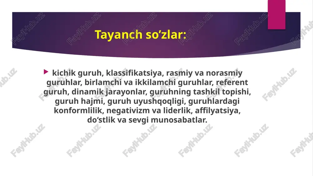 kichik guruhda raqobat bo‘lishi mumkin, lekin samarali hamkorlik muhimdir. guruh a'zolari o‘zaro yordam berish orqali kuchayishi mumkin. rol taqsimoti: har bir a'zo o‘z rolini yaxshi bilishi va buni bajarishi guruhning muvaffaqiyatini ta'minlaydi. qaror qabul qilish: guruh ichida qarorlarni qabul qilish jarayoni ochiq va adolatli bo‘lishi zarur. bu a'zolarni jalb etadi va ularning fikrini qadrlashni ko‘rsatadi. guruh dinamikasi: guruh ichidagi munosabatlar, muloqot va ichki nizolarni boshqarish muhim. salbiy dinamikalar guruhning samaradorligini pasaytirishi mumkin. o'z-o'zini baholash: guruh o‘z faoliyatini doimiy ravishda baholab turishi va zaruriy o‘zgarishlarni amalga oshirishi kerak. bu qonuniyatlar kichik guruhlarning samaradorligini oshirishda muhim ahamiyatga ega. kichik guruhlarda tadqiqot olib borgan mashhur olimlar kurt lewin: guruh dinamikasi va ijtimoiy o'zgarishlar sohasida muhim ishlar olib borgan. u guruhlarning o'zgarishiga ta'sir ko'rsatuvchi omillarni o'rganish bilan mashhur. henri tajfel: ijtimoiy identifikatsiya nazariyasining asoschisi. u kichik guruhlar orasidagi ijtimoiy aloqalar va identifikatsiya mexanizmlarini o'rganishga qaratilgan tadqiqotlar o'tkazdi. irving janis: "guruh fikri" (groupthink) konsepsiyasini ishlab …