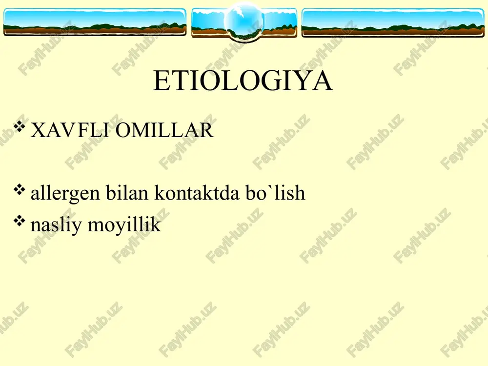 r qo`shing (ayniqsa tungi simptomlarda): ingalyasion b2-ago-nistlar, teofillinlar, yoki b2-ago-nistlar tabletkalarda yoki siropda lozim bulganda (kuniga 3-4 martagacha): kiska vakt ta'sir etuvchi bronxodilatatorlar –ingalyasion b2-agonistlar 2 pog`ona engil persistirlovchi astma lozim bo`lganda (lekin kuniga 3-4 martadan kam): qisqa vaqt ta'sir etuvchi bronxodilatatorlar - ingalyasion 2-agonistlar har kuni: ·ingalyasion kortikosteroidlar 800-2000 mkg; · uzoq vaqt ta'sir etuvchi bronxodilatatorlar, ayniqsa tungi simptomlarla: ingalyasion 2-agonistlar yoki teofillinlar, yoki 2-agonistlar tabletkalarda yoki siropda 3 pog`ona. o`rta darajadagi persistirlovchi astma har kuni: · ingalyasion kortikosteroidlar, 800-2000 mkg va undan ortiq; · uzoq ta'sir etuvchi bronxodilatatorlar: ingalyasion ?2-agonistlar yoki teofillinlar va/yoki ?2-agonistlar tabletkalarda yoki siropda; · uzoq vaqtga peroral kortikosterodlar 4 poqona. og`ir persistirlovchi astma xuruj davrida qo`llaniladigan dori vositalari pag`onalar xuruj davrida qo`llaniladigan dori vositalari lozim b¢lganda: qisqa vaqt ta'sir etuvchi bronxodilatatorlar - ingalyasion 2-agonistlar ustivor(bazis) davo ba ning ustivor davosi asosini yalig`lanishga. qarshi terapiya tashkil etadi. 1.kromoglikat natriy. 2. nedokromil natriy. 3. kortikosteroidlar (ingalyasion, …