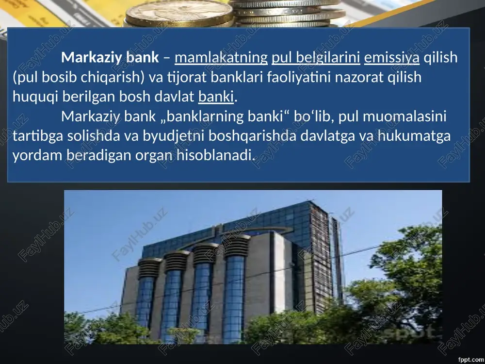 yal nazorat markaziy bank tomonidan bank faoliyatining muayyan risklarining oldini olish maqsadida amalga oshiriladi. jumladan, markaziy bank banklar tomonidan qonunchilik talablariga rioya qilish-qilmaslikni nazorat qiladi, banklar tomonidan qonun talablariga rioya qilish uchun foydalaniladigan tizim va strategiyalarni nazorat qiladi.. markaziy bank davlat organlarining roziligisiz yoki bildirmasdan turib, banklar tizimi va strategiyalarini tekshirish va baholashni amalga oshiradi. markaziy bankdan oldindan ruxsat olish markaziy bankdan oldindan ruxsat olish qaysi hollarda talab qilinadi: bank aksiyalarining 20% ​​dan ortiq qismini sotib olish; rezident banklarning aktsiyalarini sotib olish; bankni qayta tashkil etish; bankni ixtiyoriy tugatish; b anklar o'z aktsiyalarini sotib olish uchun; bank filialini ro'yxatdan o'tkazish; sho‘ba banklar, filiallar, vakolatxonalar ochish, chet elda banklar tashkil etishda ishtirok etish rahmat! image2.jpg image3.png image4.jpg image5.jpeg image1.jpg /docprops/thumbnail.jpeg