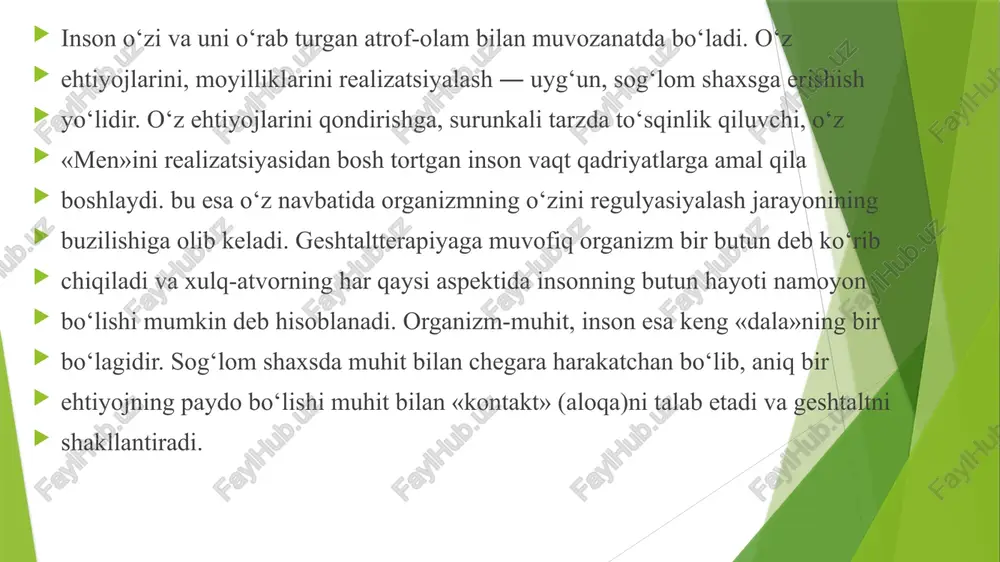 ag‘batlantiradi. haqiqiy individuallikni ochish yo‘lida geshtaltkorreksion jarayoni mijoz f.perlz tomonidan nevroz bosqichlari deb ataluvchi besh bosqichdan o‘tadi : birinchi bosqich - soxta munosabatlar, o‘yinlar va rollar bosqichi. bu qalbaki rolli xulq-atvor, odatiy streotiplar, rollar qatlamidir. nevrotik shaxs boshqa odamlar orzu-umidlari asosida yashab, o‘z «men»ini realizatsiyalashdan bosh tortdi. natijada inson o‘z maqsad va ehtiyojlarini qondirishdan qochadi, frustratsiya, umidsizlik his etadi, hayot ma’nosini yo‘qotadi. ikkinchi bosqich - fobik bosqich - qalbaki xulq-atvor va manipulyasiyani anglash bilan bog‘liq. biroq, myukoz samimiyat qanday oqibatlarga olib kelishi mumkinligini tasavvur qilganda, uni qo‘rquv hissi bosadi. inson haqiqiy o‘zligini ko‘rsatishdan qo‘rqadi va o‘z og‘ir kechinmalariga duch kelishdan qo‘rqad uchinchi bosqich - berklik va umidsizlik bosqichi. bu bosqich inson nima qilishni, qaerga harakat qilishni bilmasligi bilan xarakterlanadi. u tashqaridan beriladigan qo‘llashni yo‘qotilgani uchun qayg‘uradi, lekin o‘z ichiga tayanch nuqtani topishga tayyor emas va hech qanday istagi ham yo‘q. natijada inson beryushkdan chiqib ketishdan qo‘rqgan holda kvo-statusini saqlaydi. bu …