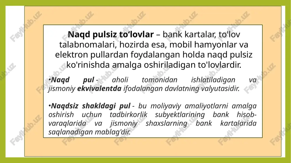 rni oluvchining bankiga akkreditivning butun summasini to‘lovchining bankiga mablag‘larni oluvchining bankida yuritilayotgan hisobvarag‘idan o‘chirish huquqini beradi. aholining pul hisoblashuvlari. bank kartasi – mahsulotlar va xizmatlar uchun naqd pulsiz shaklda haq to'lash, pulni saqlash va olib yurish, hamda zarur hollarda esa naqd pul yechish uchun zamonaviy qulay to'lov vositasidir. muayyan faoliyat uchun mo'ljallangan turli xil bank kartalari mavjud. debet bank kartasi – bankdagi joriy hisob raqamingizga ulangan bank kartasi.u. debet kartasiga ish haqi, pensiya, stipendiya, ijtimoiy nafaqalar, depozit bo'yicha foizlar kabi mablag'lar o'tkazilishi mumkin. kredit bank kartasi – bu kredit shartnomada belgilangan chegara doirasida bank mablag'lari hisobidan to'lov operatsiyalarini amalga oshirish imkonini beruvchi bank kartasidir. xalqaro kartalar – xalqaro to'lov tizimlarida qo'llaniladigan kartalar. viza va mastercard kabi to'lov tizimlari. korporativ bank kartalari – xodimlarga tashkilot manfaatlari yo'lida xaridlarni amalga oshirish va to'lov hujjatlarni to'lash imkonini beruvchi bank kartasi. e'tiboringiz uchun rahmat! image1.png image2.svg image3.png image4.png image5.jpeg image6.jpeg image7.jpeg image8.jpeg image9.gif /docprops/thumbnail.jpeg