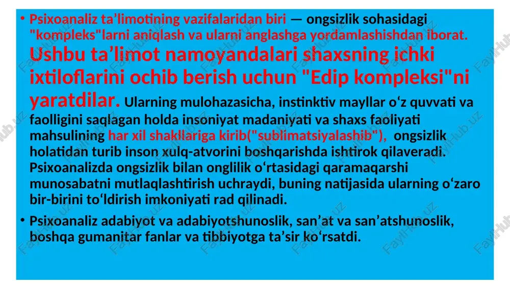 atishni maqsad qilgan. quyida erkin assotsiatsiya texnikasi bo‘yicha treninglar uchun bir nechta mashq va amaliyot misollari keltirilgan: 1. erkin yozuv mashqi maqsad: bemorlarga o‘z fikrlarini tahlil qilmasdan yoki tartibga solmasdan yozib chiqish imkonini berish. jarayon: bemorlar o‘zlariga qulay bo‘lgan tarzda bir varaq qog‘oz olib, 5-10 daqiqa davomida ongiga kelgan har qanday fikr yoki his-tuyg‘ularni yozib boradi. bu yozuv davomida ular o‘zini cheklamasdan, istagan narsani yozishlari mumkin. terapevt mashq oxirida bemor bilan yozganlarini muhokama qilib, qaysi fikrlar ongsiz ma’noga ega ekanini tushunishga yordam beradi. 2.so‘z assotsiatsiyasi o‘yini maqsad: bemorlarga bevosita javob berish orqali ongsiz fikrlarni ochib berishga yordam berish. jarayon: terapevt bemorga turli so‘zlar aytadi (masalan, "uy", "baxt", "qo‘rqinch" va hokazo). bemor darhol ushbu so‘zga birinchi kelgan fikr yoki his-tuygusini aytishi kerak. bu usul bemorning ongsiz reaktsiyalarini tahlil qilish imkonini beradi va o‘z-o‘zini tushunishga yordam beradi. 3. rasm chizish orqali ifoda maqsad: ongsizlikda saqlanib qolgan fikr va hissiyotlarni tasvir orqali ifodalash. …