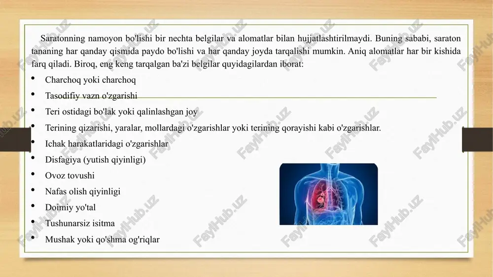 t o’tishi bilan og’riq doimiy tus oladi, unga ko’ngil aynishi va qayt qilish hamrohlik qiladi. kasallikning qolgan belgilari patologiya paydo bo’lgan miya qismi bilan bog’liq. odatda turli xildagi ruhiy buzilish belgilari namoyon bo’ladi. ular qariyalar uchun xos hisoblanadi: har xil turdagi ong buzilishlari; e’tiborning kamayishi; idrok qilish, atrofda nima yuz berayotganini tushunish qiyinligi; asta-sekin tempda suhbat qilish, bemor so’zlarni tanlashga qiynalishi; boshqa ruhiy buzilishlar. bolalarda miya saratoni. patologiya belgilari bolalardagi miya saratoni alomatlari, ayniqsa ularning yoshligida o’z xususiyatlariga ega: o’smaning yashirin o’sishi davridan so’ng kalla suyagining hajmi kattalashishi, bola miyasining moslasha olish qobiliyati tufayli kasallik alomatlarining tezda progressiyasi xarakterlidir. ko’pincha qorin bo’shlig’idagi adashgan og’riq erta bosqich deyiladi. to’lqinsimon holda umumiy alomatlar o’sishi kuzatiladi: bolaning boshi og’riydi, ko’ngli ayniydi, qayt qiladi. psixik jarayonlarining tormozlanishi kuzatiladi, ayniqsa yosh bolalarda. davriy ravishda alomatlar zaiflashadi. vaqt o’tishi bilan o’choqli nevrologik buzilishlar o’zlarini namoyon etadi, bu ma’lum miya to’qimalarining zararlanganligidan dalolat beradi. miya saratoni hosil …