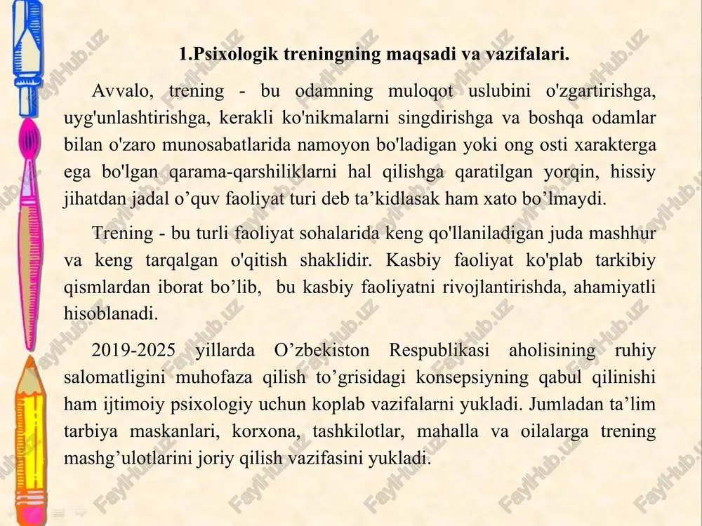 8 tadan 12 tagacha (ba’zi hollardagina 20 tagacha) bo’lgani ma’qul. ishtirokchilarning yoshi iloji boricha taxminan teng bo’lishi, ya’ni ular orasidagi farq 4-5 yoshni tashkil etishi mumkin ishtirokchilar orasida ayol va erkaklar soni imkoni boricha teng bo’lishi kerak. treningda muammosi bir xil bo’lgan odamlarni to’plash kerak. trening ishtirokchilari iloji boricha bir-biriga notanish bo’lishlari lozim. trening o’tkaziladigan xona albatta izolyatsiyalangan bo’lishi shart, ya’ni hech kim ularni bezovta qilishi mumkin emas va ular ham boshqalarga halaqit bermasligi kerak. rasmiylashgan guruh bo’lishiga yo’l qo’ymaslik lozim. trenerdan auditoriya erkin bo’lishini ta’minlash va auditoriyani yaxshi bilish talab etiladi. yumaloq stol atrofida kishilarning to’planishi yuzma-yuz o’tirish va hakozolar. bu “men - o’yinda” deb ataluvchi holat bo’lib, ishtirokchilar, boshlovchi ham doira shakldagi stol atrofida joylashadilar va o’rtaga tashlangan mavzu yuzasidan erkin fikr almashish, hattoki, ayrim ijtimoiy rollarga ham kirish imkoniyatiga ega bo’ladi. “men-munozaradaman” usuli asosan muhim topshiriqlarni bajarish, ularni yo’llarini topishda muhim hisoblanadi. bunday usul to’tburchak stol atrofida …