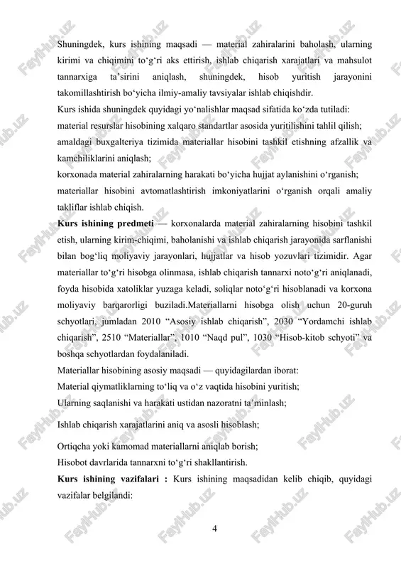 e’mol qilinadigan va tayyor mahsulot tarkibiga to‘liq yoki qisman o‘tadigan moddiy resurslarni bildiradi. ular mehnat predmetlari bo‘lib, mehnat vositalaridan farqli ravishda ko‘p martalik emas, balki bir martalik foydalanish xususiyatiga ega. masalan: · non zavodida un, tuz, xamirturush – asosiy materiallar, · yog‘ochsozlik korxonasida lak, bo‘yoq, elim – yordamchi materiallar, · avtomobil ta’mirlashda benzin, moy – yoqilg‘i materiallari, · ofis uchun qog‘oz, kartrij – idish va inventar materiallari hisoblanadi. materiallarning iqtisodiyotdagi o‘rni shundaki, ular ishlab chiqarish jarayonining boshlang‘ich bosqichidan to mahsulot tayyor bo‘lguncha resurs aylanishini ta’minlaydi. agar materiallar hisobga olinmasa yoki noto‘g‘ri baholansa, bu ishlab chiqarish tannarxini buzadi, foyda kamayadi, natijada korxonaning moliyaviy barqarorligi yo‘qoladi. o‘zbekiston respublikasi **buxgalteriya hisobining milliy standarti bhms–4 “tovar-moddiy zahiralar”**ga muvofiq, material qiymatliklar quyidagi mezonlar asosida tasniflanadi: 1. asosiy materiallar – tayyor mahsulotning asosiy tarkibiy qismini tashkil etadi (paxta, po‘lat, un, yog‘och). 2. yordamchi materiallar – ishlab chiqarish jarayonini ta’minlaydi, ammo mahsulot tarkibiga to‘liq kirmaydi (bo‘yoq, elim, …
