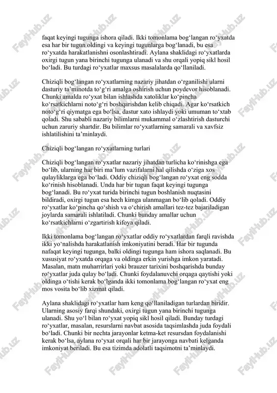 a ham saqlanishi mumkin. shu orqali murakkab tuzilmalar hosil qilinadi. masalan, fayl tizimlarida papkalar ichida boshqa papkalar bo‘lishi ana shu tamoyilga asoslanadi. bu turdagi ro‘yxatlar ma’lumotlarni tartiblashtirish va ierarxik tuzilmani ifodalashda muhim rol o‘ynaydi. shuningdek, bog‘langan ro‘yxatlar o‘zaro birlashtirilishi ham mumkin. masalan, ikki yoki undan ortiq ro‘yxatlar umumiy tuzilmaga birlashtiriladi. bu usul ko‘pincha katta hajmdagi ma’lumotlar bilan ishlashda qulaylik yaratadi. chunki har bir kichik ro‘yxat alohida ma’lumotlarni saqlab, umumiy tizimda yagona bog‘langan ko‘rinishda ishlaydi. bunday yondashuv dastur samaradorligini oshiradi va murakkab masalalarni hal qilishni osonlashtiradi. chiziqli bog‘langan ro‘yxatlarning har bir turi o‘ziga xos afzalliklarga ega. masalan, oddiy ro‘yxatlar sodda va tushunarli, ikki tomonlama ro‘yxatlar qulay boshqaruv imkoniyatini beradi, aylana ro‘yxatlar esa resurslarni taqsimlashda samarali bo‘ladi. shu sababli amaliy dasturlashda qaysi turdagi ro‘yxat qo‘llanishi kerakligini masalaning xususiyatlari belgilab beradi. dasturchi vazifani tahlil qilib, eng mos ro‘yxat turini tanlashi orqali tizim samaradorligini oshirishi mumkin. chiziqli bog‘langan ro‘yxatlarda qo‘llaniladigan amallar chiziqli bog‘langan ro‘yxatlar …