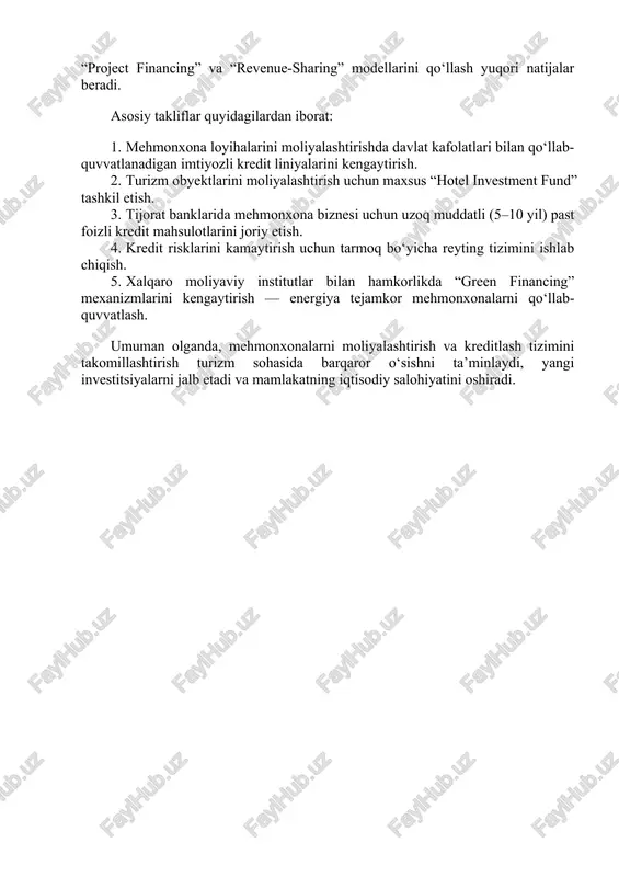 mtiyozli kreditlar ajratilishi ijobiy natijalar bermoqda. biroq, kreditlash shartlari va foiz stavkalari hanuz o‘rtacha 20–24% atrofida bo‘lib, bu investorlar uchun moliyaviy yuklamani oshirmoqda. materiallar va metodlar tadqiqotda mehmonxona xo‘jaliklarini moliyalashtirish manbalari va kreditlash amaliyoti tahlil qilindi. bunda iqtisodiy-statistik tahlil, qiyosiy tahlil, ekspert baholash, iqtisodiy ko‘rsatkichlarni modellashtirish va mantiqiy umumlashtirish usullaridan foydalanildi. amaliy tahlil toshkent, samarqand, buxoro va xiva shaharlaridagi 25 ta mehmonxonada olib borilib, ularning moliyaviy hisobotlari, kredit shartnomalari hamda investitsion loyihalari o‘rganildi. shuningdek, turkiya, baa va malayziya mamlakatlaridagi mehmonxona tarmoqlarining moliyaviy modellariga oid ochiq ma’lumotlardan foydalanildi. tadqiqotda quyidagi asosiy ko‘rsatkichlar tahlil qilindi: · qarz kapitalining ulushi (%), · foiz to‘lovlari darajasi, · aktivlar rentabelligi (roa), · investitsiya qaytimi (roi), · kredit risk koeffitsienti (krc). metodologik asos sifatida singh a.j., mulet-forteza c., hamda musaeva j.k. tomonidan ishlab chiqilgan “hotel financial sustainability model”dan foydalanildi. bu model mehmonxonalarda qarz yuklamasini, foiz stavkalarining rentabellikka ta’sirini va kredit muddatlarini baholash imkonini beradi. xulosa va …