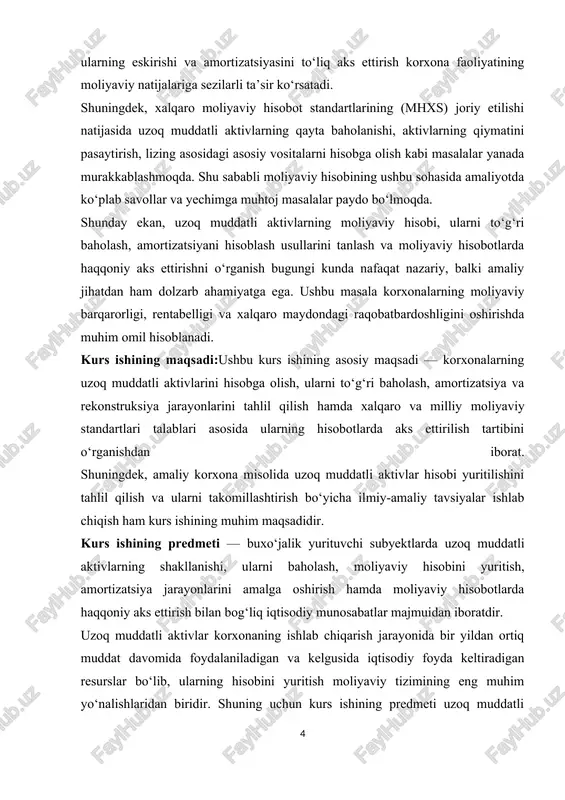yatga ega. shu bois kurs ishi quyidagi asosiy vazifalarni o‘z ichiga oladi: 1. uzoq muddatli aktivlarning iqtisodiy mohiyatini va ularning xo‘jalik yurituvchi subyekt faoliyatidagi o‘rnini ochib berish; – ularning ishlab chiqarish jarayonidagi funksiyasi, qiymat shakllanishi va foyda olishdagi roli aniqlanadi. 2. uzoq muddatli aktivlarning turlari, tasnifi va guruhlanishini o‘rganish; – asosiy vositalar, nomoddiy aktivlar va uzoq muddatli moliyaviy investitsiyalar bo‘yicha alohida hisob yuritish tartibi tahlil qilinadi. 3. uzoq muddatli aktivlarning dastlabki va keyingi baholanish tartibini o‘rganish; – ularni sotib olish, o‘z kuchi bilan qurish, modernizatsiya qilish, rekonstruksiya yoki qayta baholash natijasida qiymat o‘zgarishini hisobga olish mexanizmlari tahlil etiladi. 4. amortizatsiya (eskirish) jarayonini moliyaviy hisobida to‘g‘ri tashkil etish yo‘llarini o‘rganish; – turli amortizatsiya usullari (to‘g‘ri chiziqli, kamayib boruvchi qoldiq, ishlab chiqarish hajmiga proporsional va boshqalar)ning korxona moliyaviy natijalariga ta’siri solishtiriladi. 5. amaliy korxona misolida uzoq muddatli aktivlar hisobining holatini o‘rganish; – hisob registrlari, hujjatlar, tahliliy va sintetik hisob ma’lumotlari asosida amaliyotda …