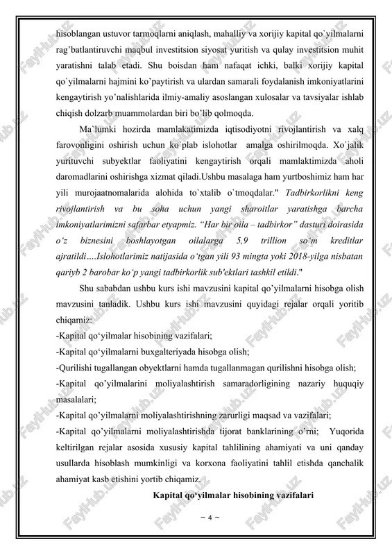 atlarning umumiy sum- masiga ko‘ra belgilanadi. kapital mablag‘lar hajmiga quyidagi sohalarga yo‘naltirilgan xarajatlar kiradi: ♦️ qurilish-montaj, loyiha-qidiruv, geologiya-razvedka, burg‘ulash va boshqa ishlarga qilingan xarajatlar; ♦️ ishlab turgan korxonalarni tiklash, texnik qayta jihozlash va texnika vositalarning quvvatini kengaytirishga qilingan xarajatlar; ♦️ mashina va uskunalar, ishlab chiqarish va xo‘jalik inventarlari, transport vositalari va asosiy vositalarning boshqa obyektlarini sotib olishga ketgan xarajatlar; ♦️ korxona, tashkilot va muassasalar uchun yangi obyektlar qurishga ketgan xarajatlar; ♦️ boshqa shu turdagi xarajatlar. kapital qo‘yilmalarni buxgalteriyada hisobga olishda “asosiy vositalar” nomli 5-son bhma va “ kapital qurilish uchun pudrat shartnomalari” nomli 17-son bhmadan foydalaniladi. kapital qo‘yilmalarni buxgalteriyada hisobga olishning dolzarb vazifalari quyidagilardan iborat: ♦️ qilingan barcha kapital xarajatlarni obyektlarning turlari bo‘yicha to‘liq va o‘z vaqtida aks ettirishni ta’minlash; ♦️ kapital qo‘yilmalar rejasi, ishlab chiqarish quvvatlari va asosiy vositalar obyektlarini ishga tushirish rejalarining bajarilishi ustidan nazoratni ta’minlash; ♦️ moliyaviy mablag‘lar bilan ta’minlash bo‘yicha belgilangan rejaning bajarilishi va ichki rezervlarni …