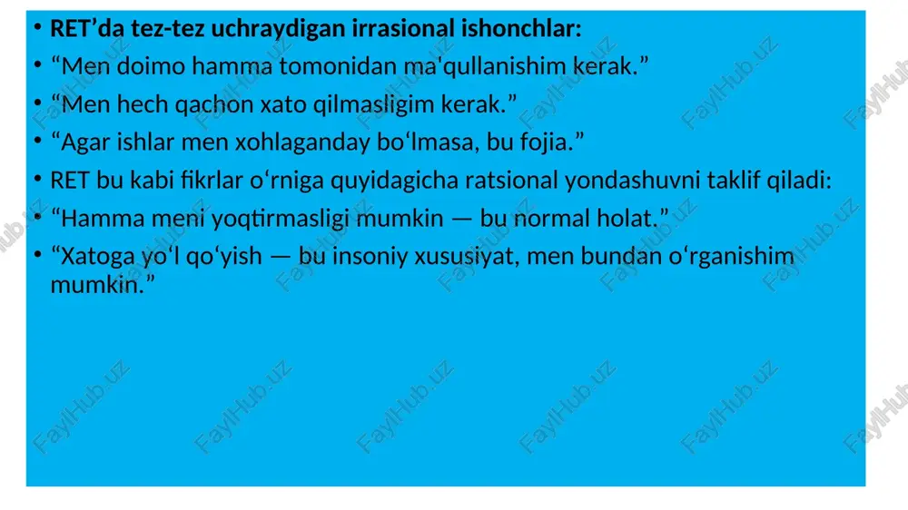 aqt birovga suyanish sog‘lom emas. 6.“o‘tgan voqealar bugungi kunni butunlay belgilab beradi.” → o‘tmishdan saboq olish mumkin, lekin u hozirgi va kelajakni majburiy belgilamaydi. 7.“men baxtli bo‘lishim uchun doim tashqi sharoitlar qulay bo‘lishi kerak.” → inson ichki dunyosi orqali ham baxtli bo‘lishni o‘rganishi mumkin. 8.“men muammolardan qochishim kerak, ular bilan yuzma-yuz kelmaslik lozim.” → muammolardan qochish ularni kuchaytiradi. qarshi chiqish esa mustahkamlikni oshiradi. 9.“men boshqalar ustidan to‘liq nazoratga ega bo‘lishim kerak.” → boshqalarni nazorat qilish imkonsiz, bu faqat zo‘riqish keltiradi. 10.“men boshqalar muomalasidan o‘z qadriyatlarimni o‘lchashim kerak.” → o‘z qadriyatimiz boshqalar fikridan mustaqil bo‘lishi kerak. 11.“har bir muammoning aniq, ideal yechimi bo‘lishi kerak, va bu yechimni darhol topa olishim kerak.” → hayot murakkab. har narsaga tayyor yechim yo‘q, ba'zida sabr va sinov talab qilinadi. qanday foyda olish mumkin ret terapiyasida bu irratsional e’tiqodlar mijoz bilan birga aniqlanadi va ularga qarshi ratsional, sog‘lom fikrlar ishlab chiqiladi. masalan: irratsional: “men mukammal bo‘lishim …