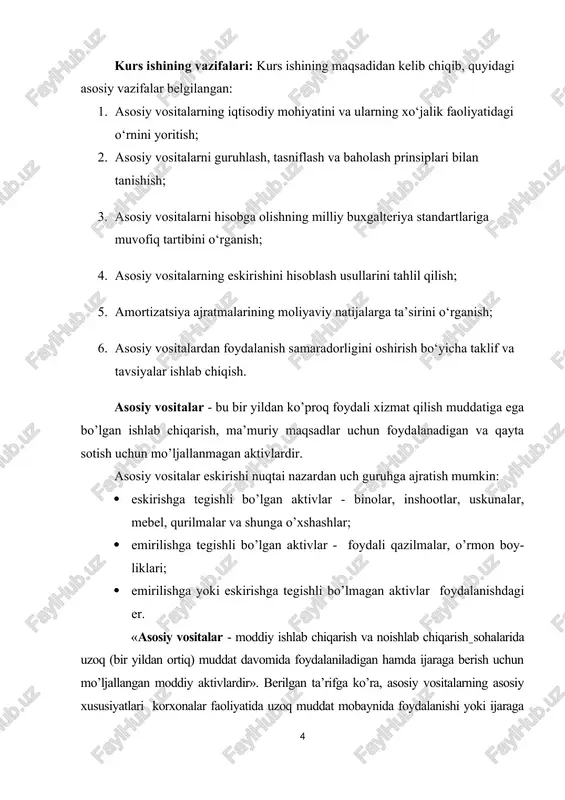 lari quyidagilar: obyektni oldi-sotdi shartnomasi bo’yicha sotib olish; kapital kiritmalar yakunlangandan keyin ishga tushirilgan obyektning oldi-berdisi; tasischi tomonidan ustav kapitaliga qo’shilgan ulush; tekin tushum yoki davlat subsidiyasi; ayirboshlash; uzoq mudlatli ijara shartnomasi moddiy-tovar zaxirasi tarkibidan o’tkazish; qiymati avval belgilangan asosiy vositalarsa kapital kiritmalar; inventarizatsiya paytida asosiy vositalarning ortiqcha obyektlarini aniqlash. 5-bhmsning 11-bandi haq evaziga olingan asosiy vositalarning dastlabki qiymatiga kiritilgan quyidagi sarflarni belgilaydi: shartnoma bo’yicha qurilish-montaj ishlari uchun pudratchilarga va aktivlarni yetkazib beruvchilarga to’langan summa; asosiy vositalarga egalik huquqini olish bilan bog’liq ro’yxatga olish yig’imi, davlat bojlari va shunga kabi boshqa to’lovlar; bojxona bojlari va yig’imlari; asosiy vositalar obektlarini sotib olish bilan bog’liq soliqlar va yig’imlar summasi; asosiy vositalar obektlarini sotib olish (yaratish) bilan bog’liq axborot va maslahat xizmatlari uchun to’lanadigan summa; asosiy vositalarning obektlarini yetkazib berish tavakkalchiligini sug’urta qilish bo’yicha harajatlar; asosiy vositalarning sotib olishdagi vositachilarga to’lanadigan haq; asosiy vositalarni o’rnatish, montaj qilish, sozlash, ishga tushirishga to’lanadigan harajatlar; aktivni …