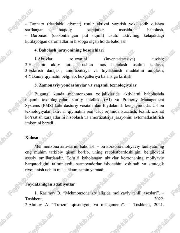 lar korxonaning moliyaviy barqarorligini ta’minlaydi, sarmoyadorlar ishonchini oshiradi va strategik rivojlanish uchun mustahkam zamin yaratadi. foydalanilgan adabiyotlar 1. karimov b. “mehmonxona xo‘jaligida moliyaviy tahlil asoslari”. – toshkent, 2022. 2.alimov a. “turizm iqtisodiyoti va menejmenti”. – toshkent, 2021. 3.kotler f. “marketing for hospitality and tourism”. – pearson, 2020. 4.oecd tourism trends and policies report, 2023. 5.unwto hotel investment report, 2024. 6.shavkatov m. “mehmonxona faoliyatida aktivlarni boshqarishning iqtisodiy mexanizmlari”. – tdiu, 2023.