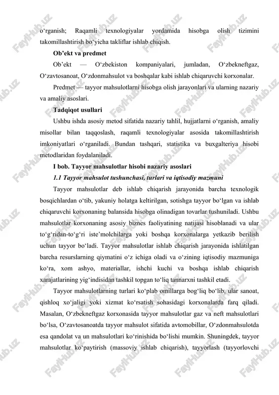 tayyor mahsulotlar ishlab chiqarish vaqti davomida mahsulotning qiymati ishlab chiqarish xarajatlariga asoslanadi. bu xarajatlar xom ashyo, mehnat xarajatlari, ishlab chiqarish jarayonida ishlatilgan energiya va boshqa resurslarni o‘z ichiga oladi. tayyor mahsulotlarning hisobining asosiy vazifalari quyidagilardan iborat: ishlab chiqarish xarajatlarini to‘g‘ri hisoblash: har bir tayyor mahsulot uchun ishlab chiqarish xarajatlarini aniqlash va to‘g‘ri kiritish. mahsulotlar miqdori va sifatini nazorat qilish: tayyor mahsulotlarning miqdori va sifatini doimiy ravishda nazorat qilish va hisobotlarga aks ettirish. mahsulotning narxini aniqlash: tayyor mahsulotlar uchun sotish narxini belgilash va uning taqqoslanishini amalga oshirish. sotish va ombordagi mahsulotlarni hisobga olish: tayyor mahsulotlar bozoriga chiqarilishi bilan ularning sotilishi va ombordagi qoldiqlarini aniq qayd etish.] tayyor mahsulotlar hisobini yuritishda bir nechta metodologik yondoshuvlar mavjud. bular quyidagilar: o‘rtacha narx usuli (average cost method): bu usulda mahsulotning o‘rtacha narxi ishlab chiqarish jarayonining turli bosqichlarida o‘rtacha narxni hisoblashga asoslanadi. birlamchi narx usuli (specific identification method): bu usulda har bir tayyor mahsulotning narxi uning …