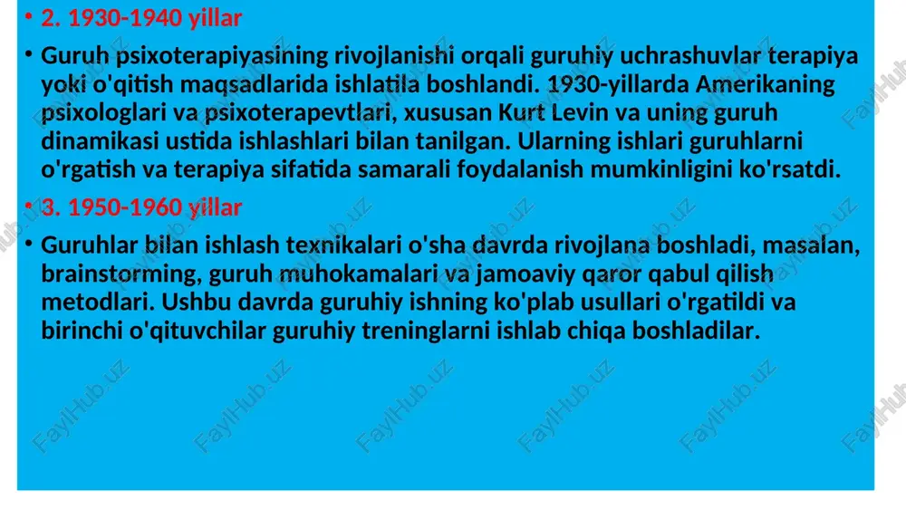 mmo yoki vazifa beriladi. guruh a'zolari o'z fikrlarini erkin ravishda aytib berishlari kerak, va bu fikrlar tanqid qilinmasligi kerak. ushbu trening metodining maqsadi ishtirokchilarga yangi g'oyalar va echimlarni taklif qilishga imkoniyat yaratishdir. natija: o'zaro aloqalar kuchayadi va guruhning ijodiy potentsiali oshadi. bu metod guruh ichidagi erkin fikr yuritishni va yangi qarorlar qabul qilishni rag'batlantiradi. “rollarni o'ynash” maqsad: ishtirokchilarga turli rollarni o'ynash orqali muammolarni hal qilishga o'rganish. amaliyot: ishtirokchilar guruhda muammolarni hal qilish uchun turli rollarni (masalan, rahbar, mijoz, jamoa a'zosi) o'ynashadi. treningda ishtirokchilar o'z rollarini bajarish jarayonida guruh dinamikasini va shaxsiy xatti-harakatlarini o'rganadilar. bu metod ishtirokchilarga boshqa odamlarning nuqtai nazaridan o'ylashga yordam beradi. natija: ishtirokchilar turli ijtimoiy rollarni tushunib, guruhdagi muammolarni hal qilishda samaraliroq bo'lishadi. 3. “guruh muhokamasi” maqsad: guruh a'zolari o'rtasida konstruktiv muloqotni rag'batlantirish. amaliyot: ishtirokchilarni guruhga bo'lib, biron bir mavzuni muhokama qilishga undang. har bir guruh o'z fikrlarini bildirish, muloqot qilish va yakuniy qaror qabul qilish uchun jamoaviy …