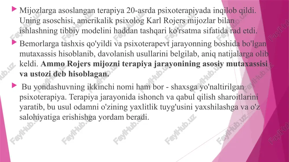 g'lom munosabatlar o'rnatish qobiliyatiga ega bo'lishi mumkin. terapiya shartlarini qabul qilish mijoz terapevtik jarayonda o'zining taraqqiyoti va shaxsiy o'sishi uchun javobgarlikni o'z zimmasiga oladi, uning shartlarini muhokama qiladi va rozi bo'ladi. agar u jarayonning ochiq, faol va halol ishtirokchisi bo'lsa, mijozga yo'naltirilgan terapiya ijobiy natijalar berishi mumkin. karl rojersning nazariyasi bugungi kunda ham psixoterapiya hamjamiyatida qo'llaniladi. mijozga yo'naltirilgan terapiya gestalt va ekzistensial terapiya kabi gumanistik yo'nalishga tegishli bo'lib, mijoz va terapevt o'rtasidagi munosabatlar chizig'i tengdir. aynan myt boshqa ko'plab sohalar uchun terapevtik jarayon uchun shart-sharoitlarni yaratdi. agar ushbu shartlarning barchasi bajarilsa, mijozga asoslangan terapiya muvaffaqiyatli bo'ladi. mijoz to'liq ishlaydigan shaxsga aylanadi: u o'z salohiyatini ochib beradi, o'z tanlovini qiladi va o'zining haqiqiy qadriyatlariga muvofiq yashaydi. shunday qilib, u o'zgaruvchan sharoit va qiyinchiliklardan qat'i nazar, o'zini butun his qiladi. mijozga yo’naltirilgan terapiya kimga mos keladi: yondashuvning tarmoqlari mijozga yo'naltirilgan terapiya tamoyillari seanslar terapevtdan direktiv yondashuvni kutadigan odamlar uchun mos emasligini anglatadi. …