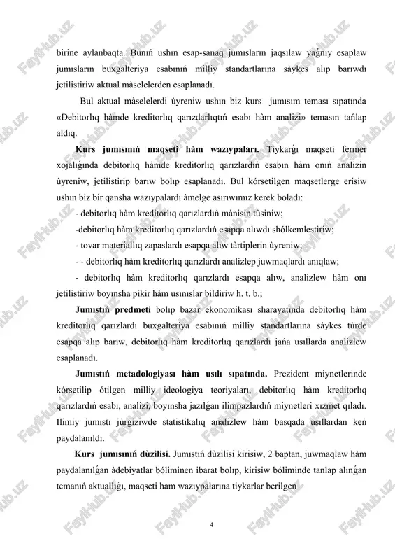 m. debitorliq hàmde kreditorliq qarizlardiń teoriyaliq tiykalari 1.1. debitorlıq hàm kreditorlıq qarızlar haqqında tùsinik debitorlıq qarız bul kópshilik jaǵdayda basqa kompaniyalardıń aktivlerine bolǵan talabnaması bolıp esaplanadı. debitorlıq qarız benen baylanıslı bolǵan buxgalteriyalıq operatsiyalardıń tiykarı bahalaw hàm moyınlaw bolıp esaplanadı. debitorlıq qarızdı óndirip alıw mùmkinshiligi debitorlıq qarız boyınsha esabat hàm ólshemge tàsir etetuǵın tiykarǵı màseleden esaplanadı. óndirip alıw mùmkinshiligi debitorlıq qarızdıń sàwlelengenine (moyınlaw principine) hàm summanıń qanday ekenine (bahalaw principine) tàsir etedi. 2-sanlı buxgalteriya esabınıń milliy standartlarına sàykes dàramatlardıń xojalıq jùrgiziwshi sub'ektke kelip tùsiw itimallıǵı àmelge asqan jaǵdayda bólek sàwlelenedi. «finanslıq esabattı tayarlaw hàm onı tapsırıw ushın konceptual tiykarı» atamasındaǵı milliy standartta atap ótilgen, kreditorlıq qarız yaǵnıy minnetleme, «buxgalteriyalıq balansta resurslardıń kelip tùsiwi mùmkinshiligi àmelge asqanda, ózine ekonomikalıq màpin payda qılatuǵın jaǵdayda, sonday-aq, minnetlemeni qabıllaw nàtiyjesi bolıp esaplanǵanda moyınlanadı». hàr qıylı debitorlıq hàm kreditorlıq qarızdarlar menen esaplasıw orınlanıwı kerek bolǵan hùjjetler boyınsha esaplasıwlar àmelge asırılǵan jaǵdayda esaplasıladı. bul kàrxananıń ózinen yamasa …